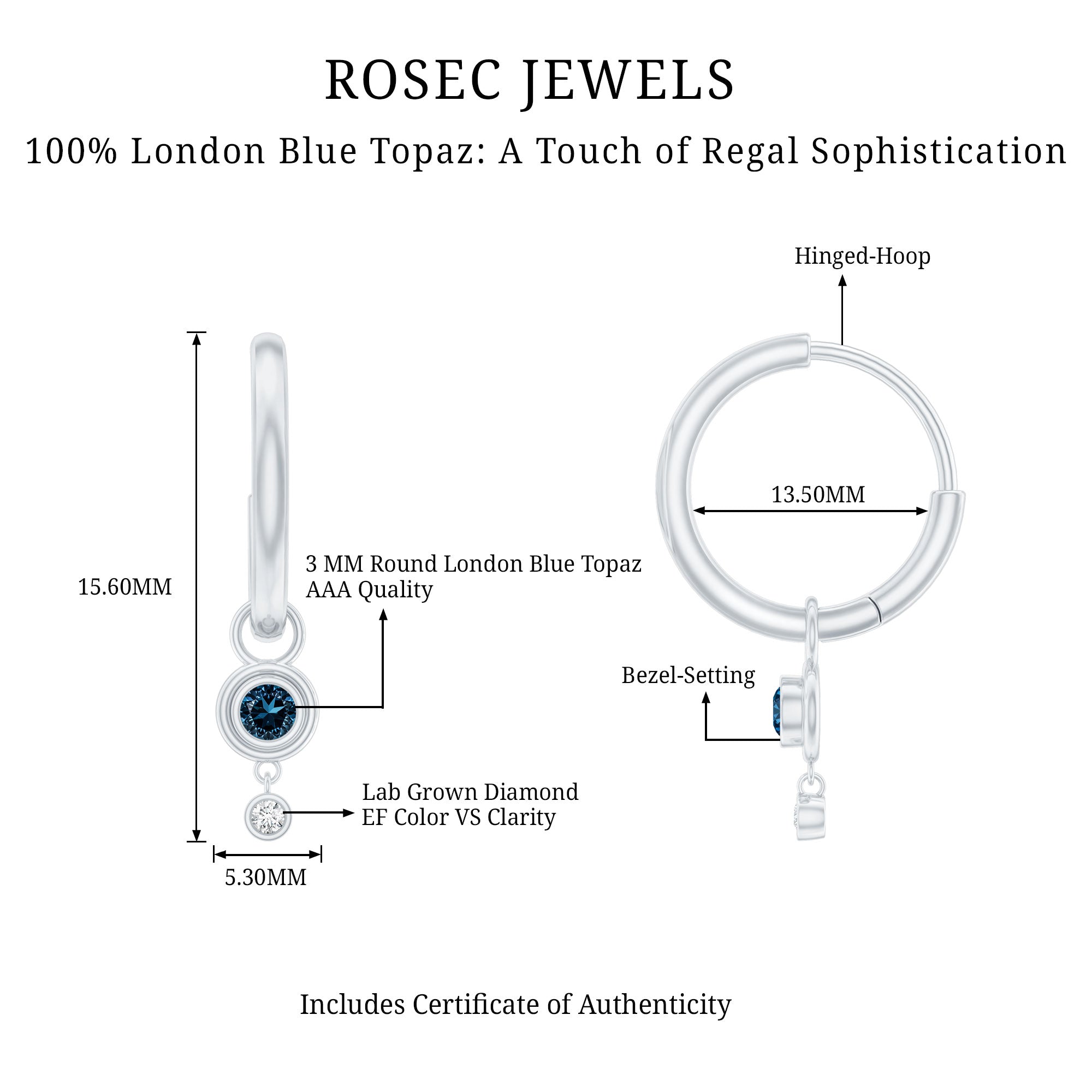 Bezel Set London Blue Topaz and Lab Diamond Hoop Drop Earrings AAA - Rosec Jewels