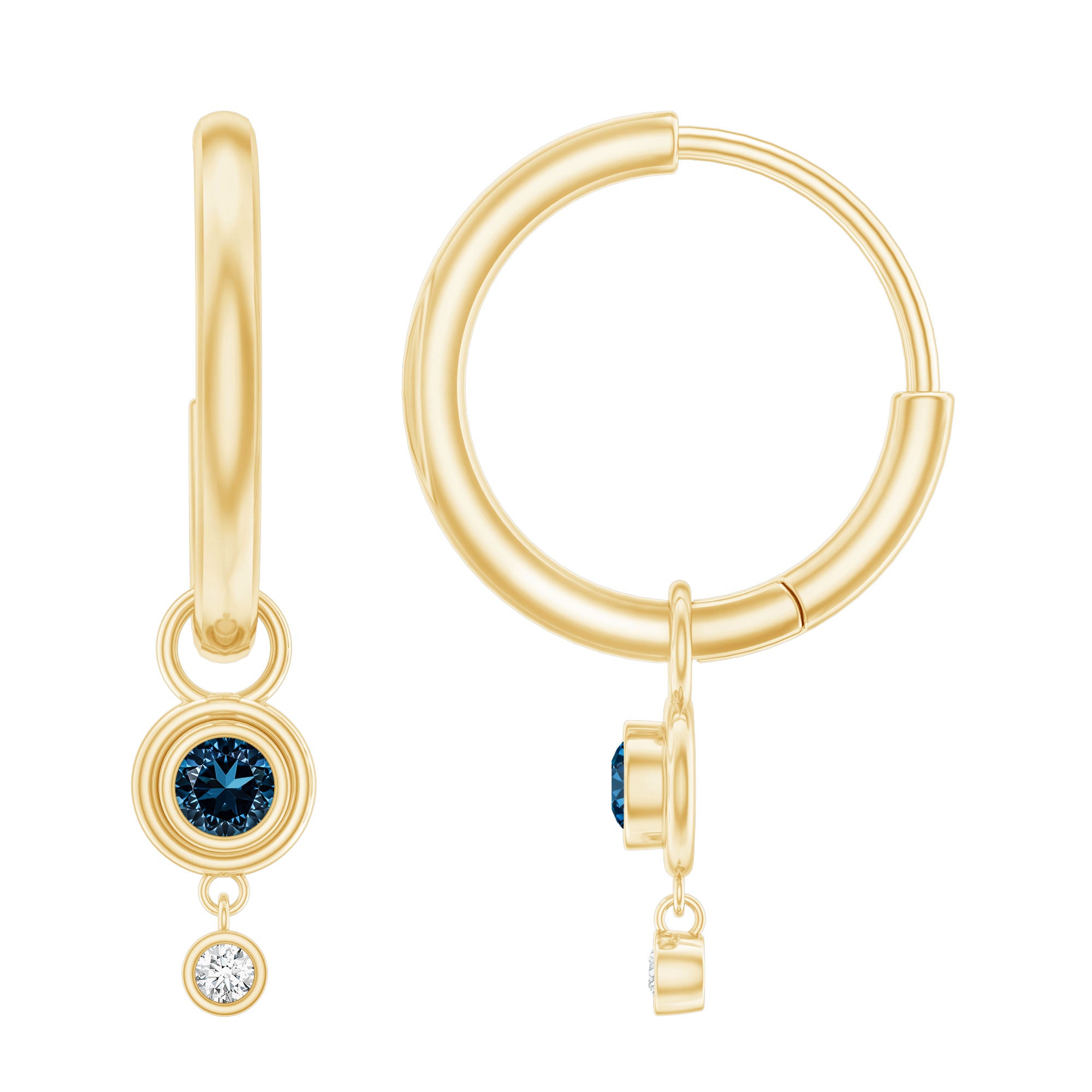 Bezel Set London Blue Topaz and Lab Diamond Hoop Drop Earrings AAA - Rosec Jewels