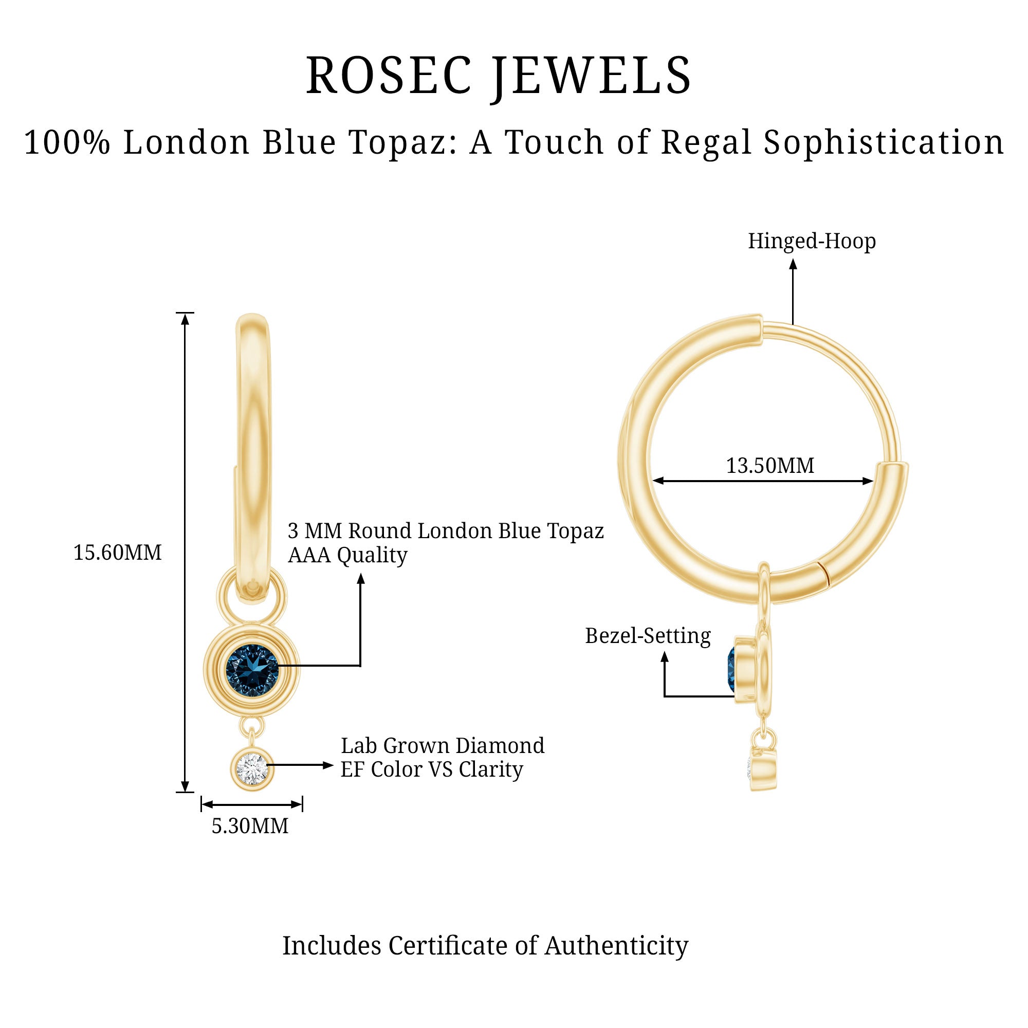 Bezel Set London Blue Topaz and Lab Diamond Hoop Drop Earrings AAA - Rosec Jewels