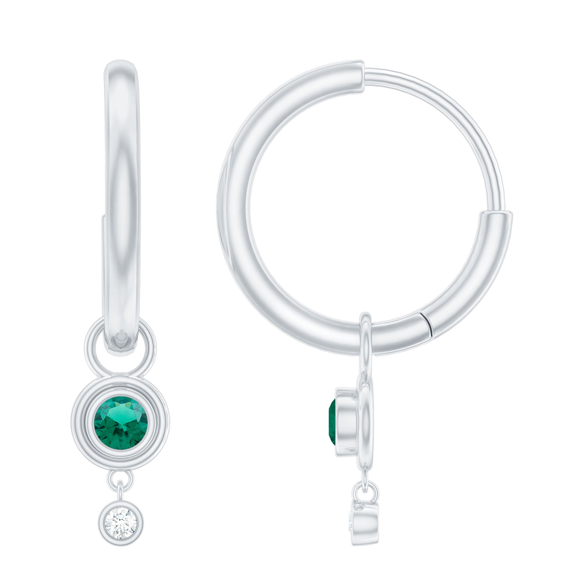 Simple Lab Grown Emerald and Diamond Drop Hoop Earrings