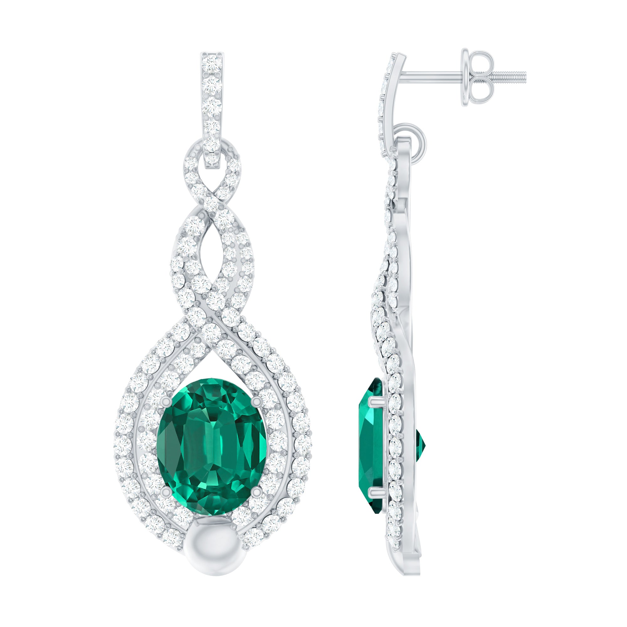Certified Lab Grown Emerald Wedding Earrings with Double Halo Diamonds