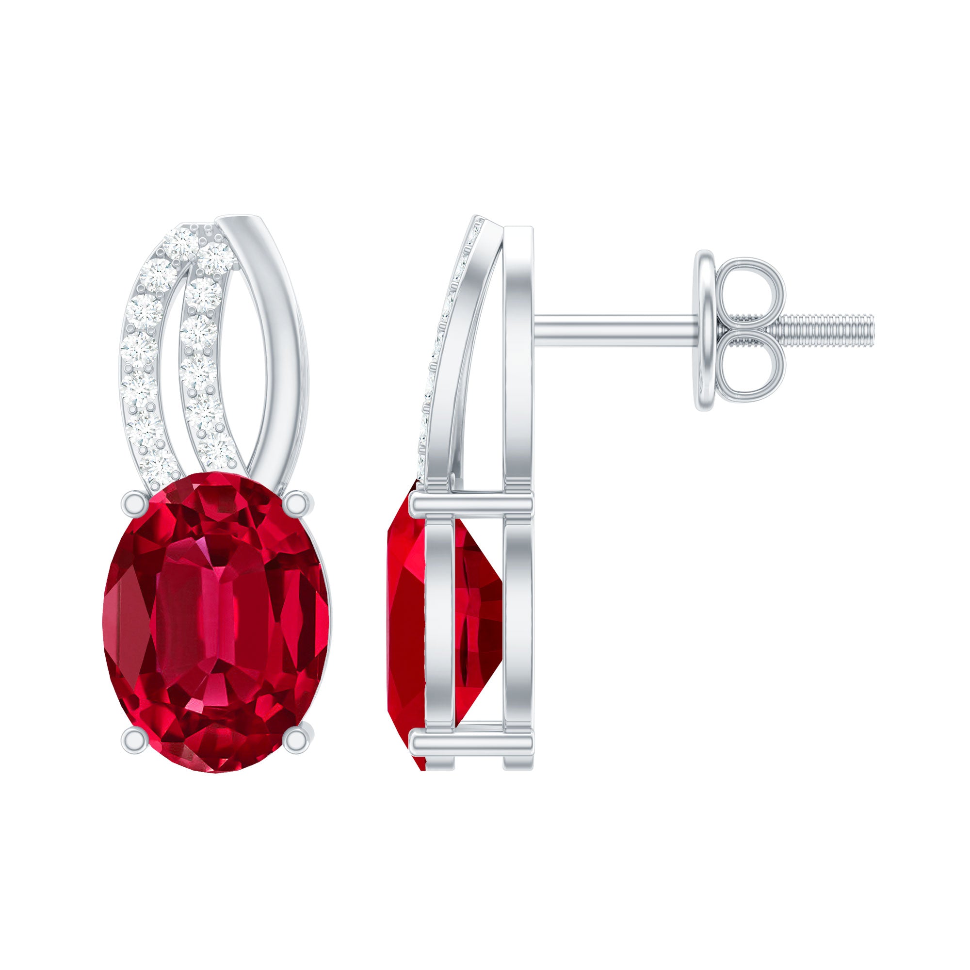 Certified Oval Lab Created Ruby Stud Earrings with Diamonds