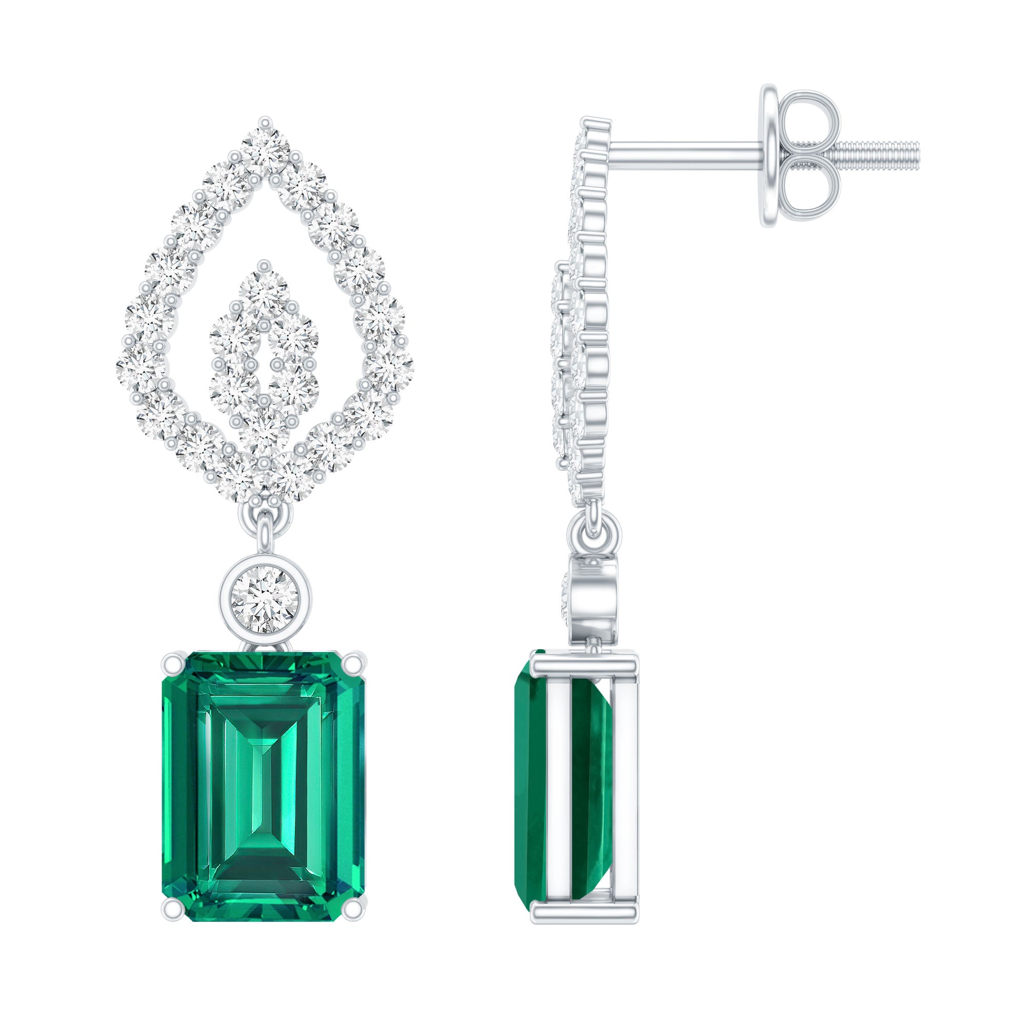 Art Deco Lab Grown Emerald Diamond Drop Earrings With Screw Back