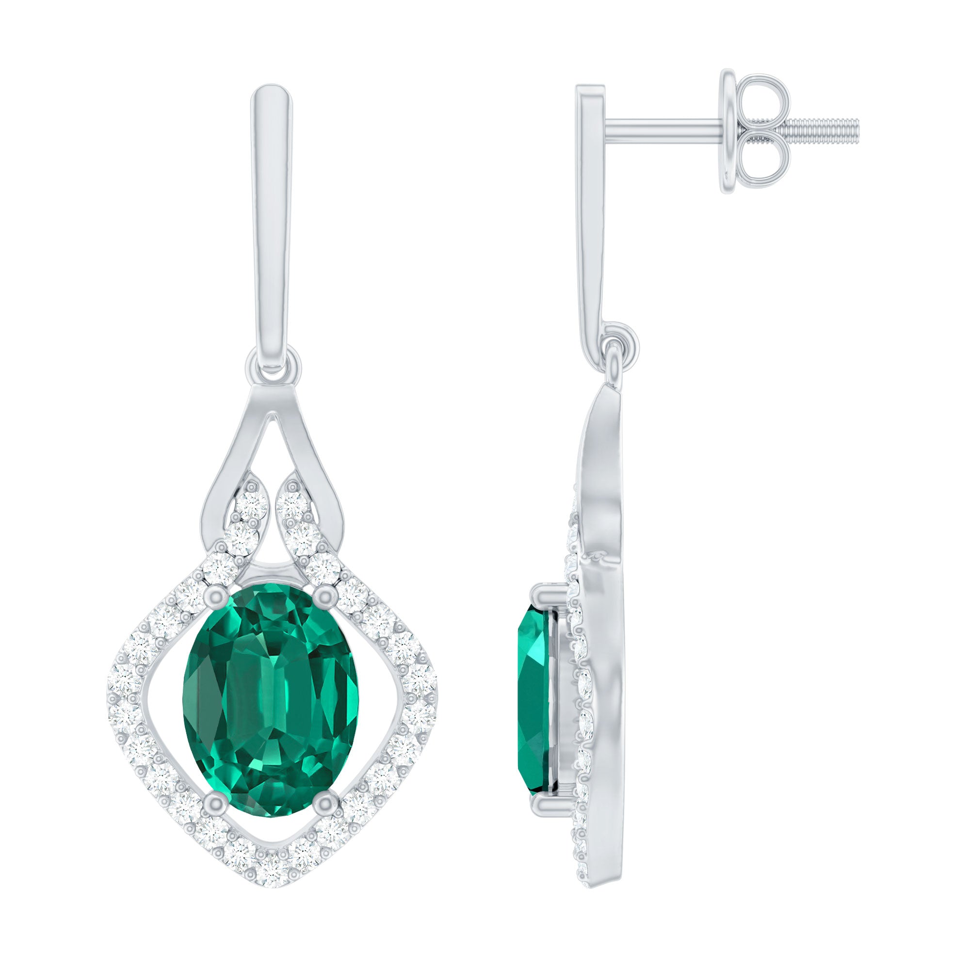 Lab Grown Emerald Drop Dangle Earrings with Diamond Accent