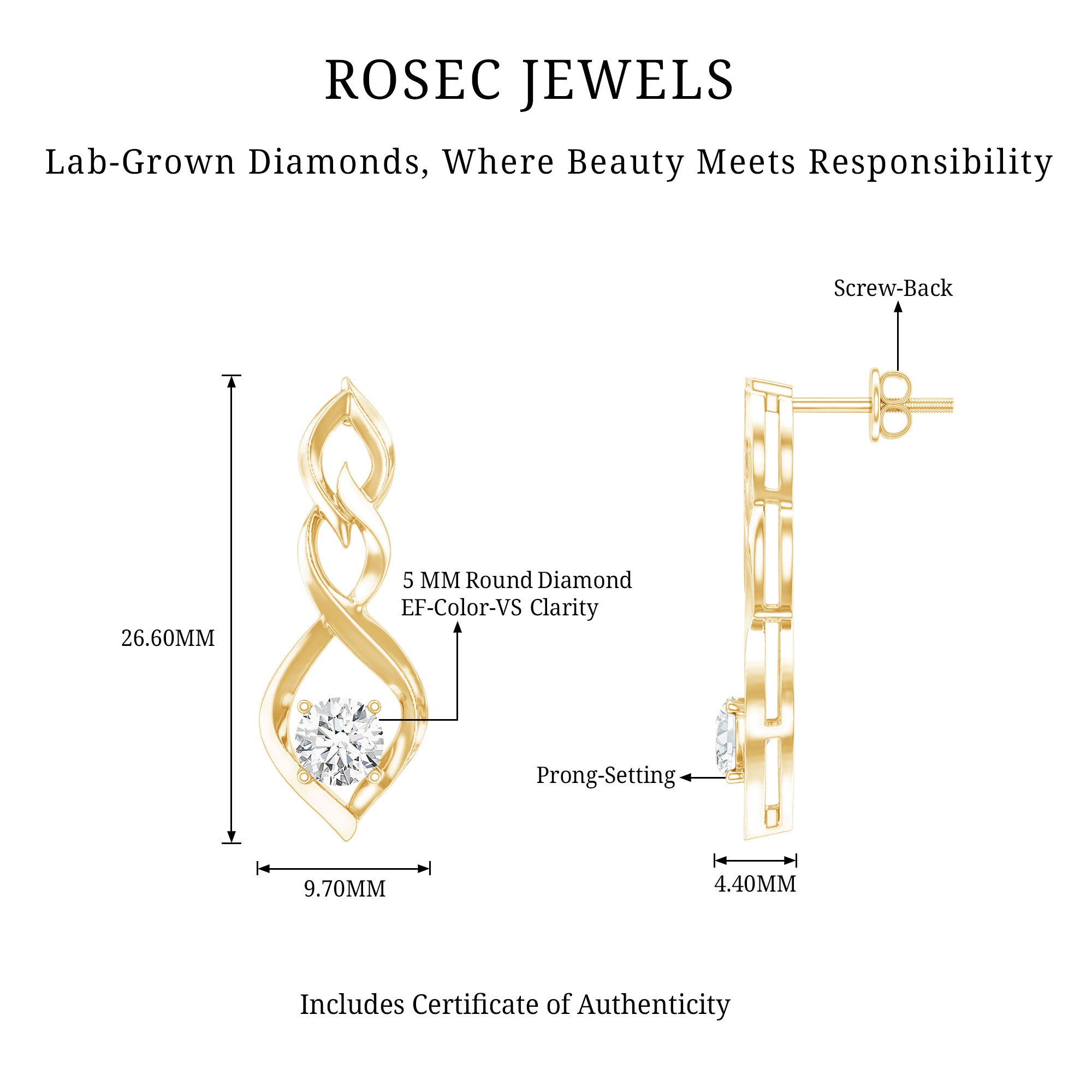 Certified Lab Grown Diamond Bridal Earrings With Screw Back Lab - ( EF-VS ) - Rosec Jewels