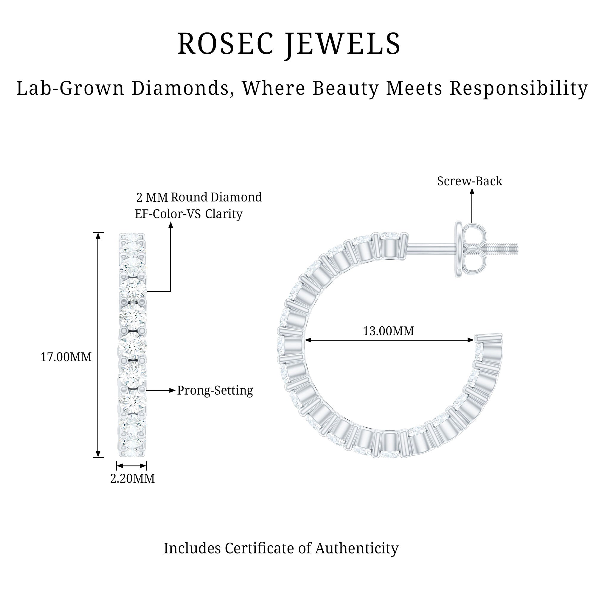 Rosec Jewels-Lab Grown Diamond Hoop Earrings with Screw Back