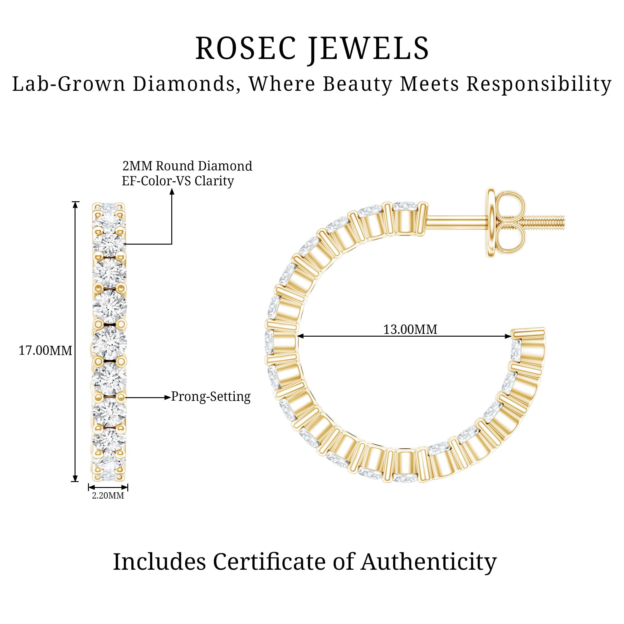 Lab Grown Diamond Hoop Earrings with Screw Back Lab - ( EF-VS ) - Rosec Jewels