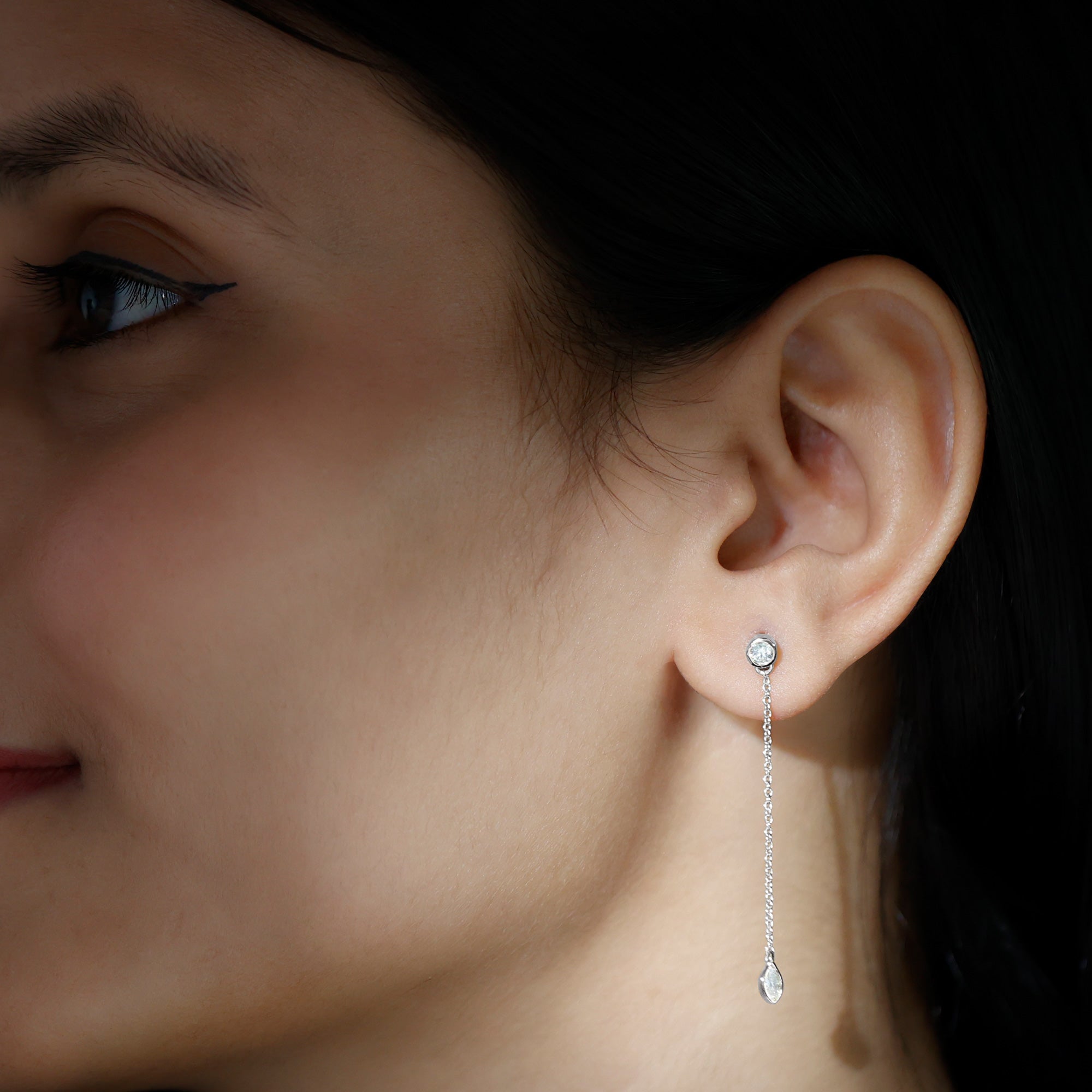 Certified Diamond Dangle Chain Earrings in Bezel Setting Natural - ( HI-SI ) - Rosec Jewels