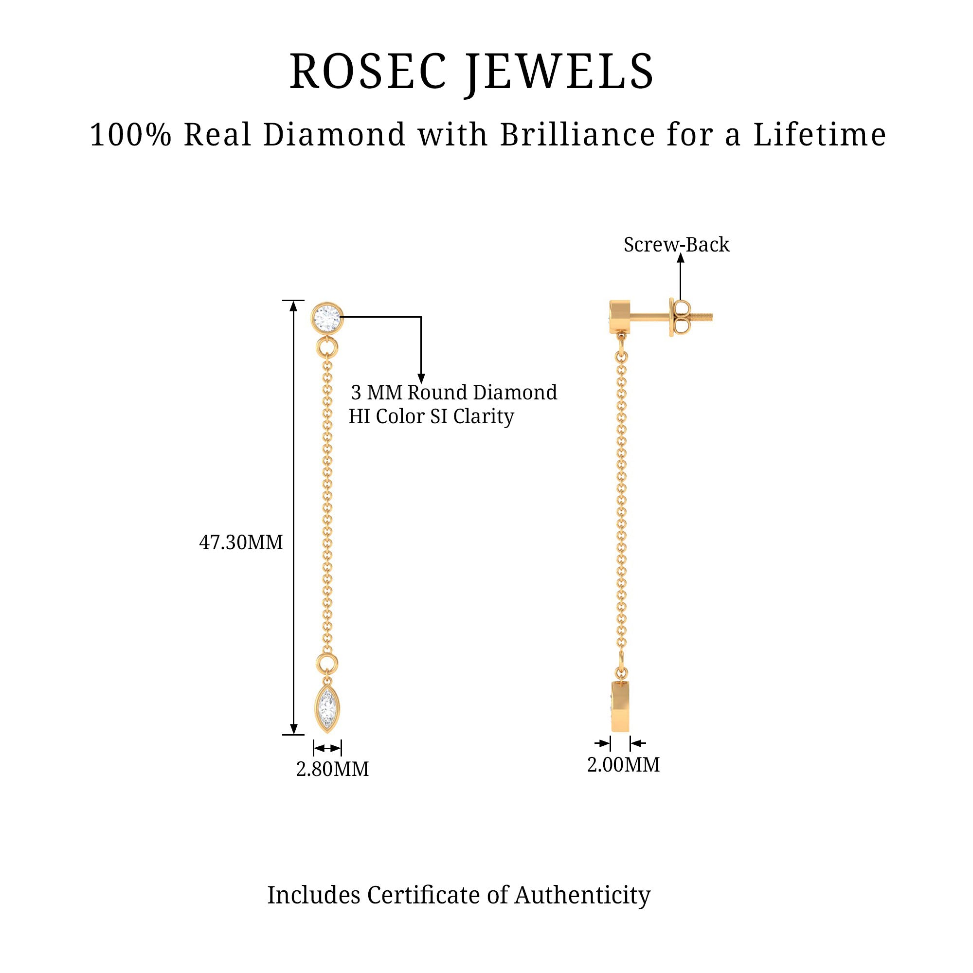 Certified Diamond Dangle Chain Earrings in Bezel Setting Natural - ( HI-SI ) - Rosec Jewels