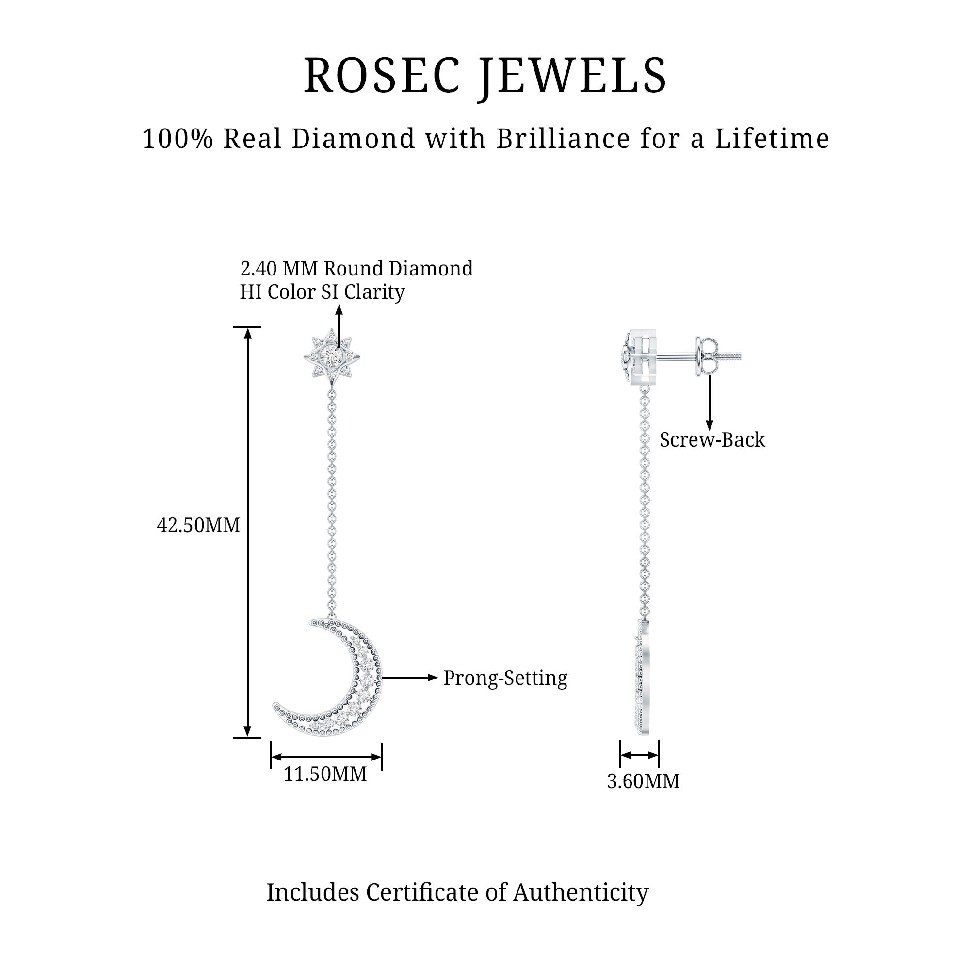 Certified Diamond Star and Moon Chain Earrings Natural - ( HI-SI ) - Rosec Jewels