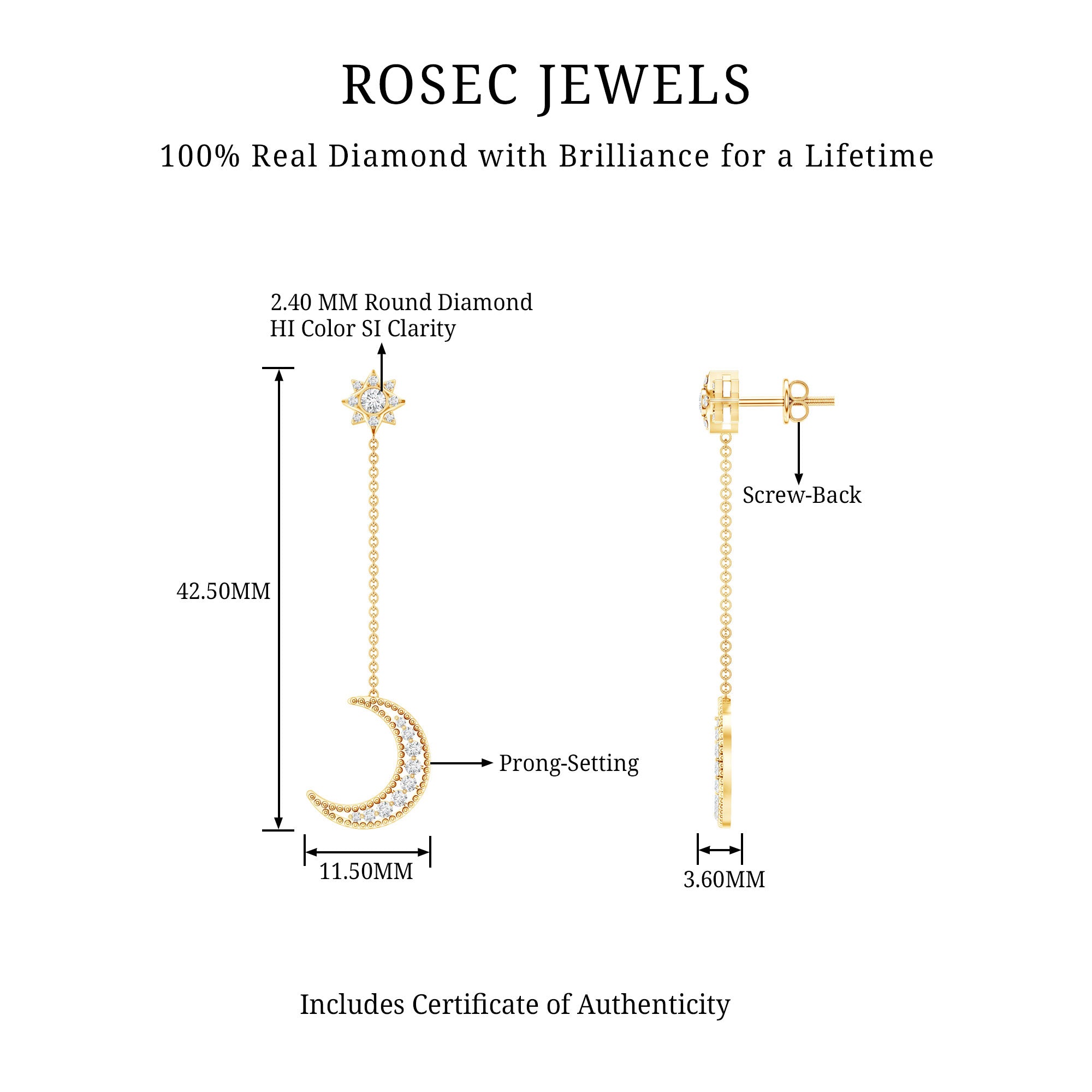 Certified Diamond Star and Moon Chain Earrings Natural - ( HI-SI ) - Rosec Jewels