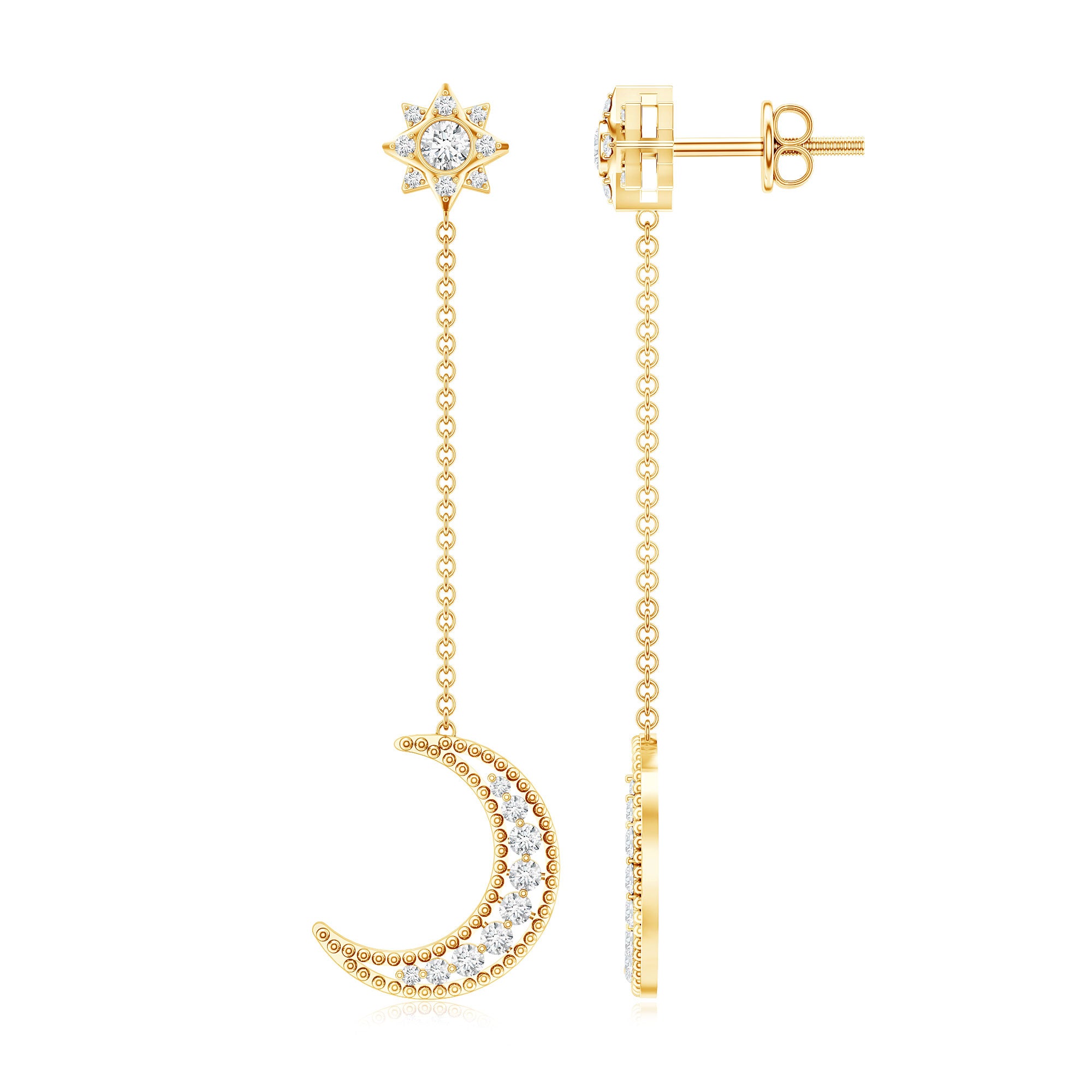 Certified Diamond Star and Moon Chain Earrings Natural - ( HI-SI ) - Rosec Jewels