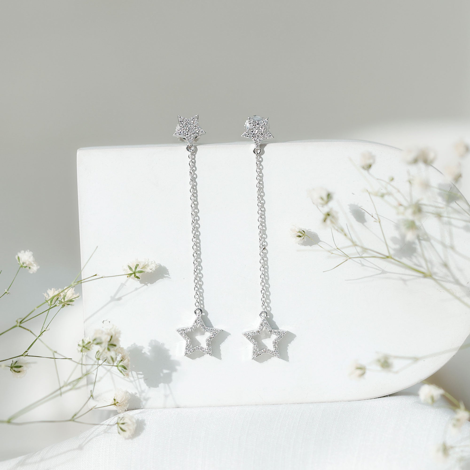 Rosec Jewels-Diamond Star Chain Dangle Earrings