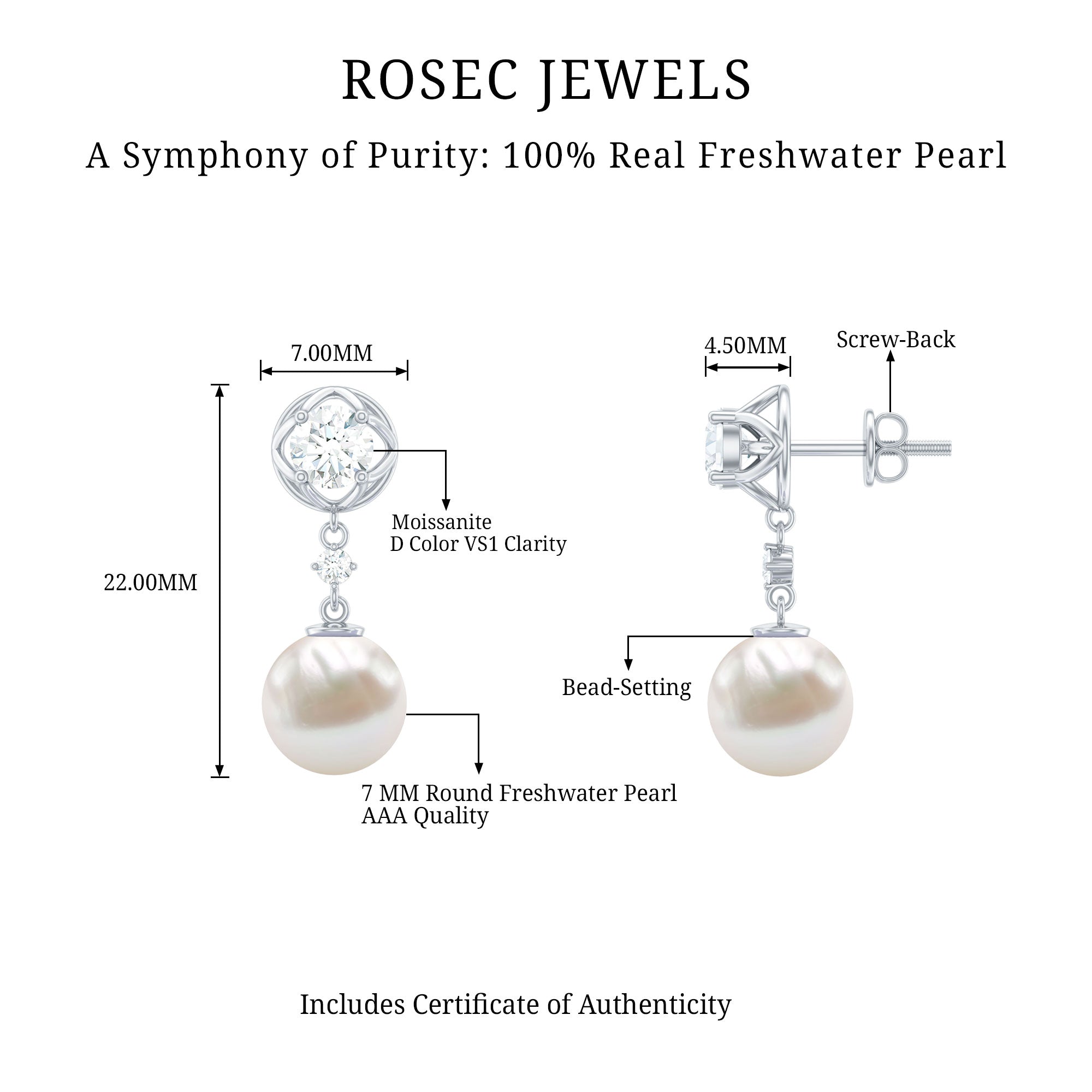 7MM Freshwater Pearl Flower Drop Earrings with Moissanite AAA - Rosec Jewels