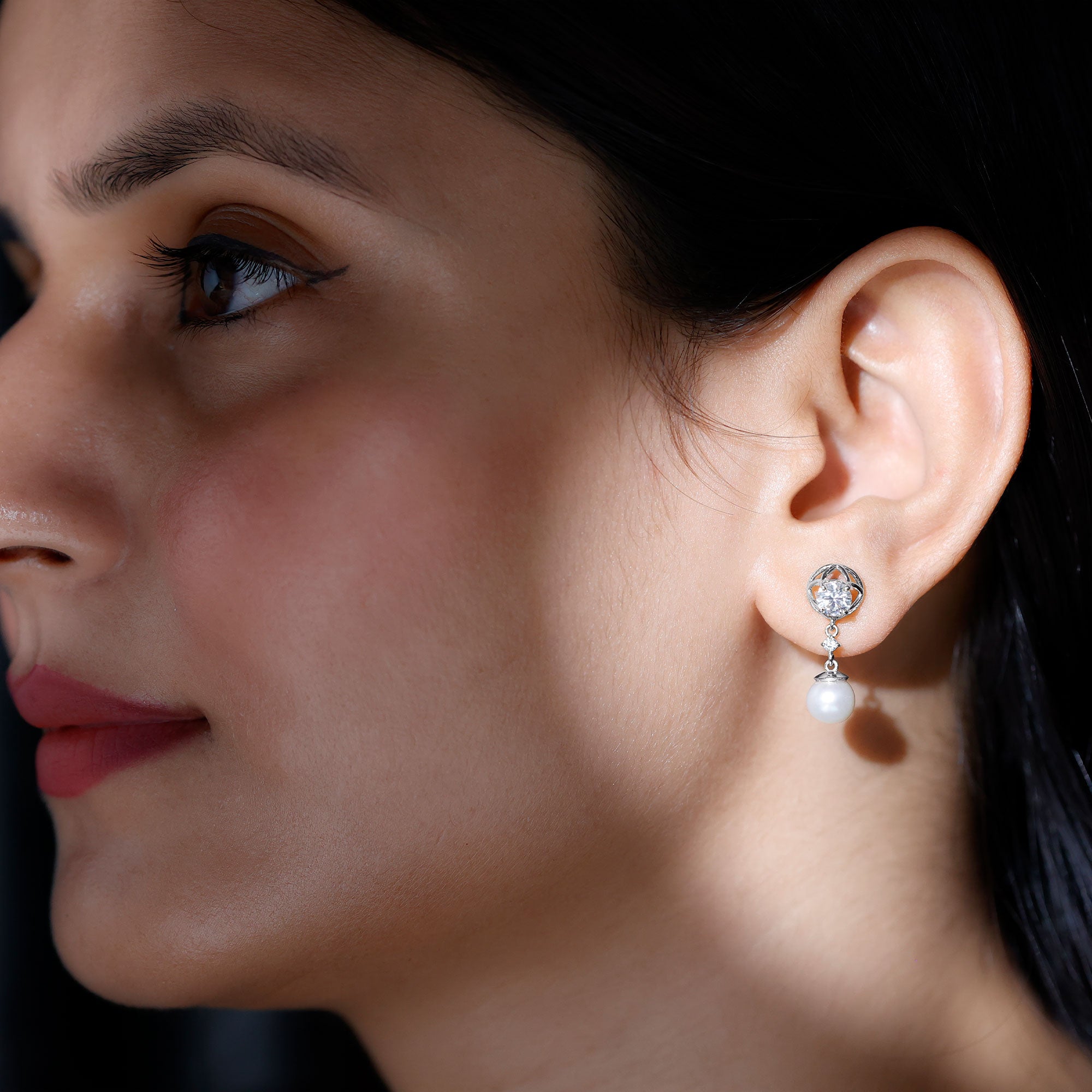 7MM Freshwater Pearl Flower Drop Earrings with Moissanite AAA - Rosec Jewels
