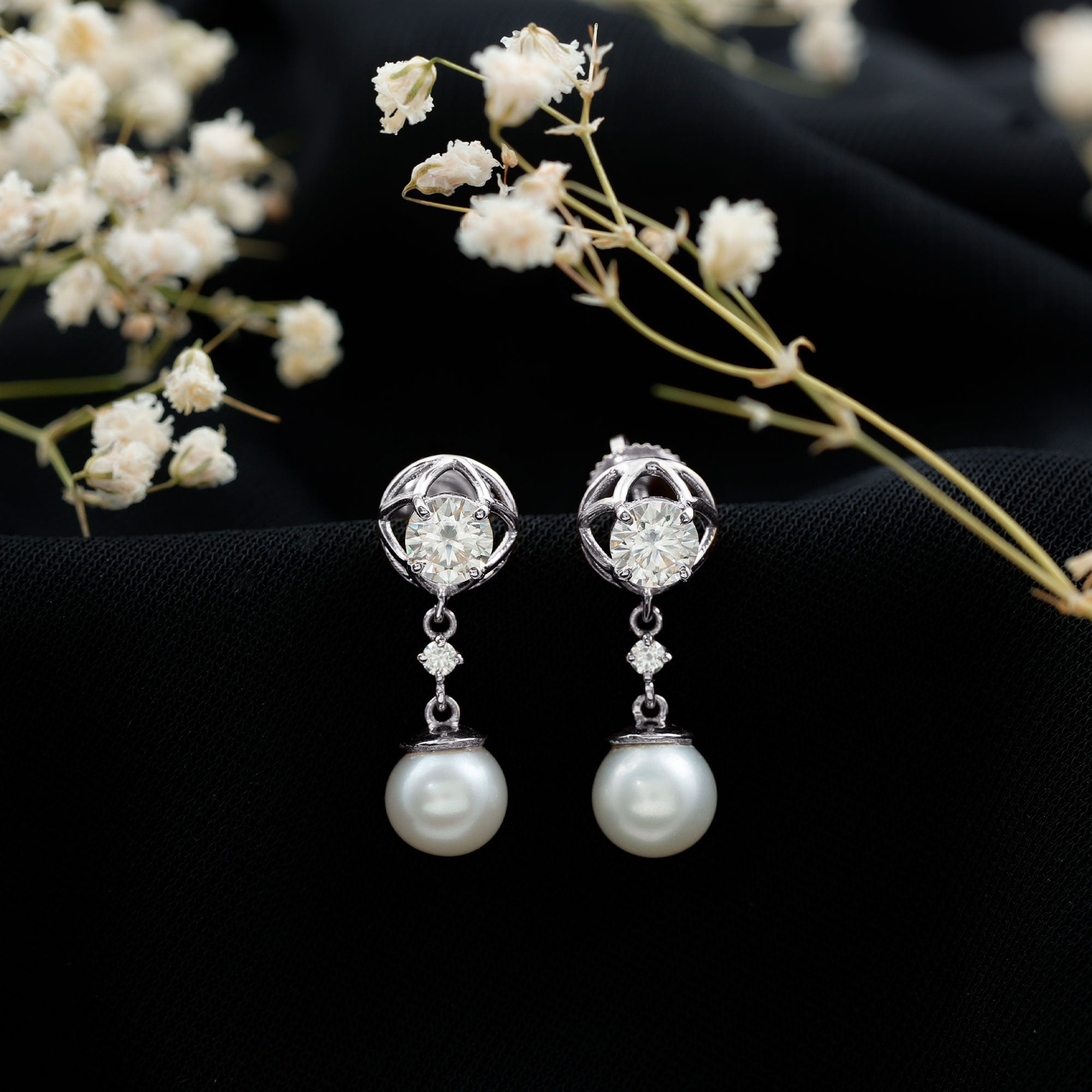7MM Freshwater Pearl Flower Drop Earrings with Moissanite AAA - Rosec Jewels
