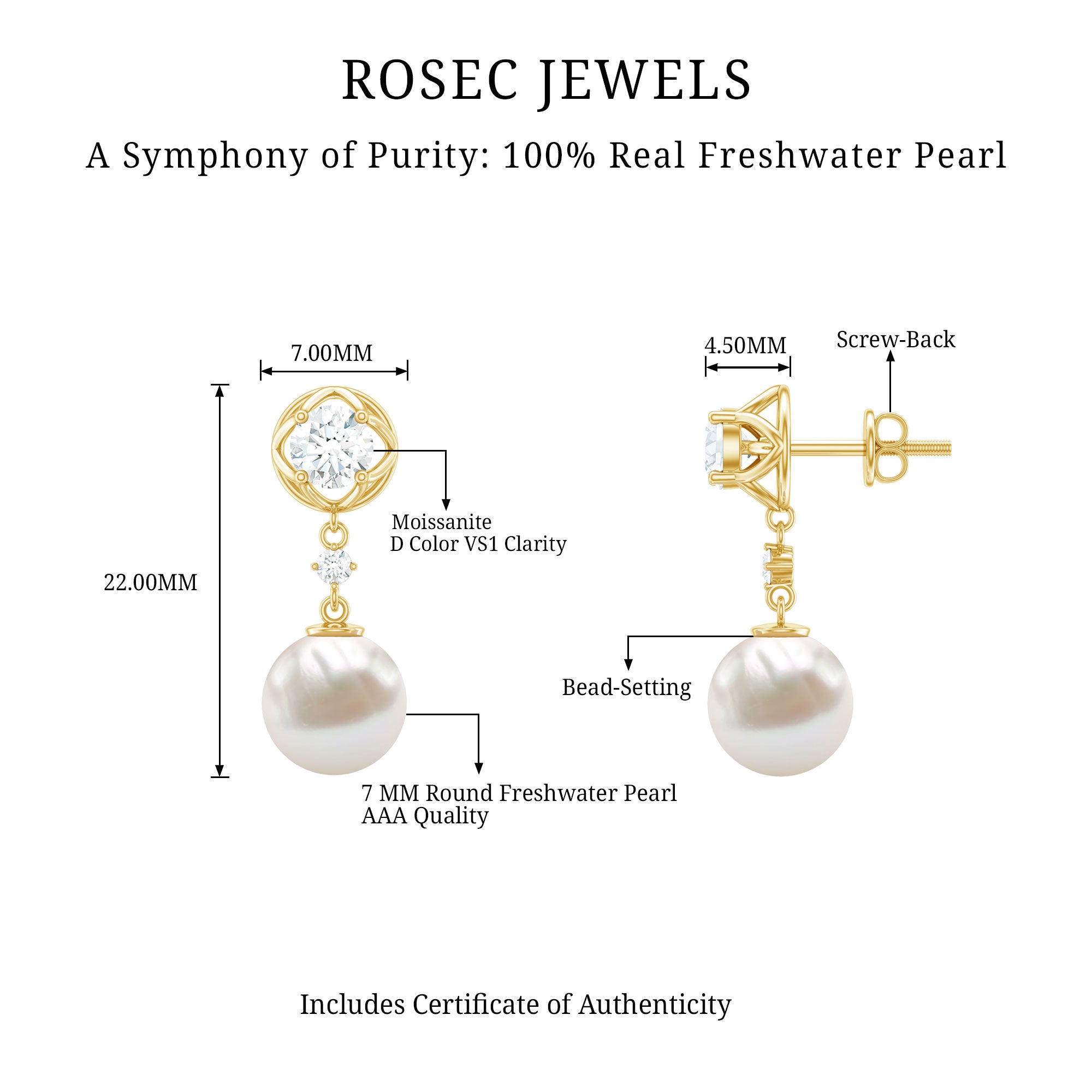 7MM Freshwater Pearl Flower Drop Earrings with Moissanite AAA - Rosec Jewels