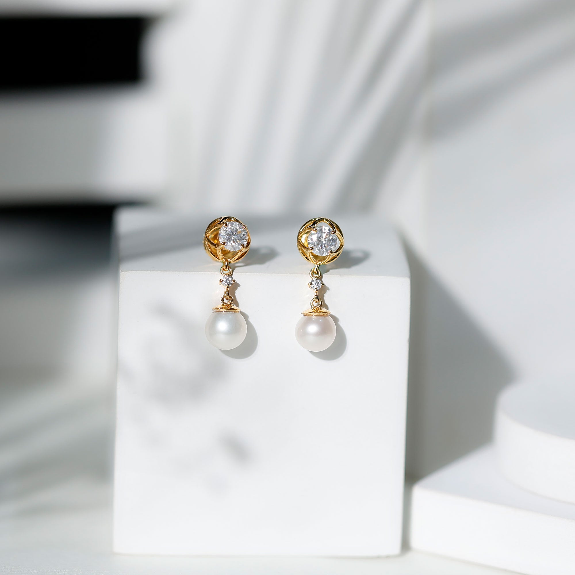 7MM Freshwater Pearl Flower Drop Earrings with Moissanite AAA - Rosec Jewels
