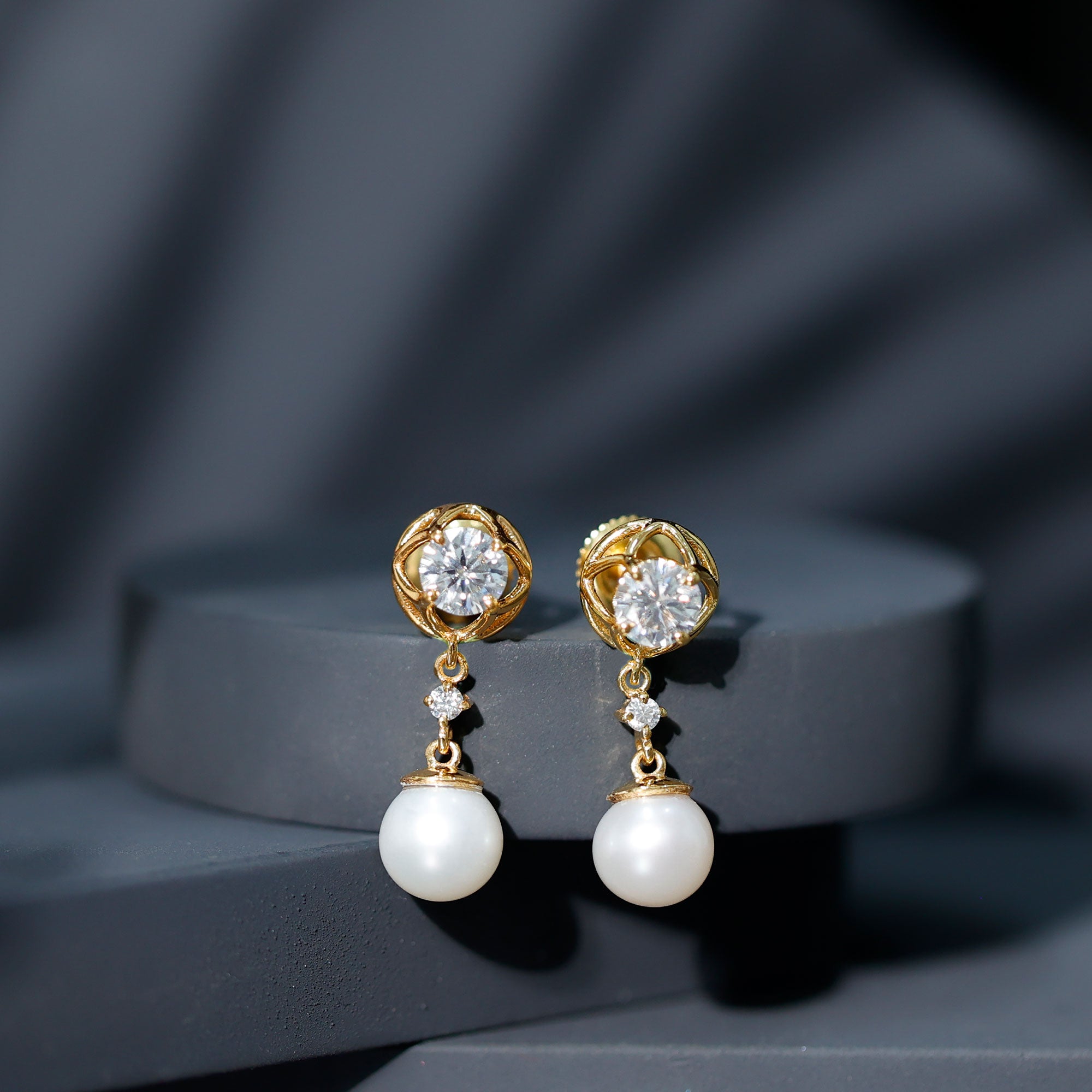 7MM Freshwater Pearl Flower Drop Earrings with Moissanite AAA - Rosec Jewels