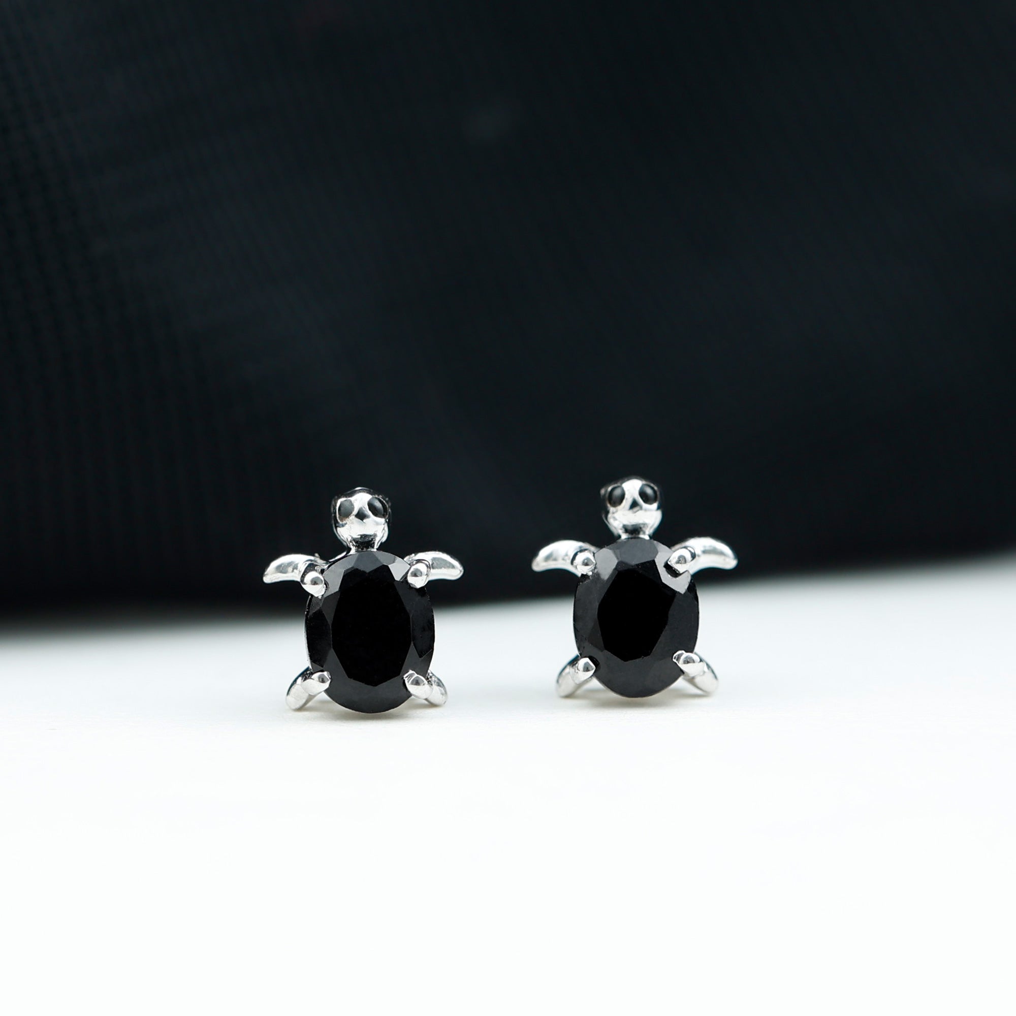Oval Shaped Black Onyx Turtle Stud Earrings AAA - Rosec Jewels