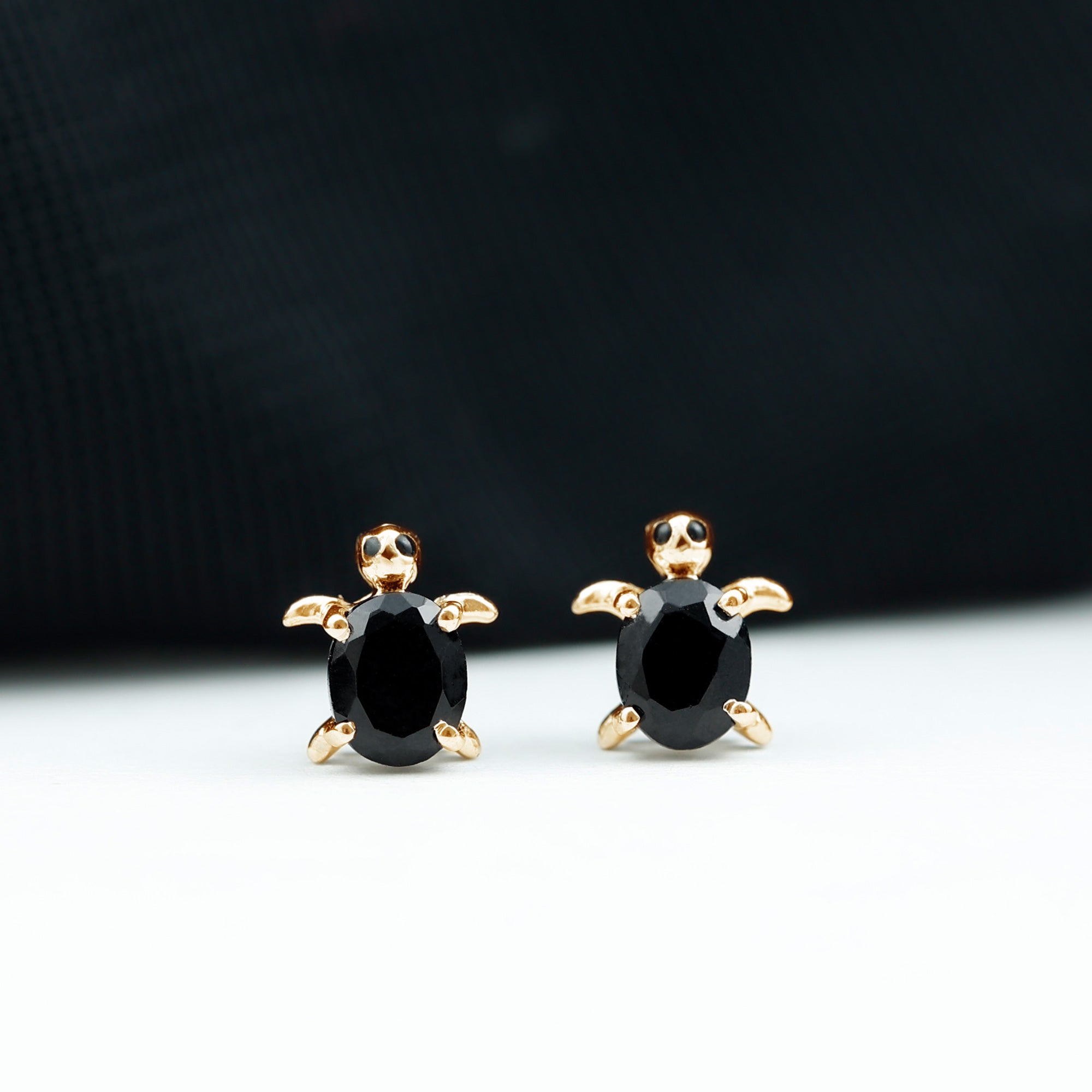 Oval Shaped Black Onyx Turtle Stud Earrings AAA - Rosec Jewels