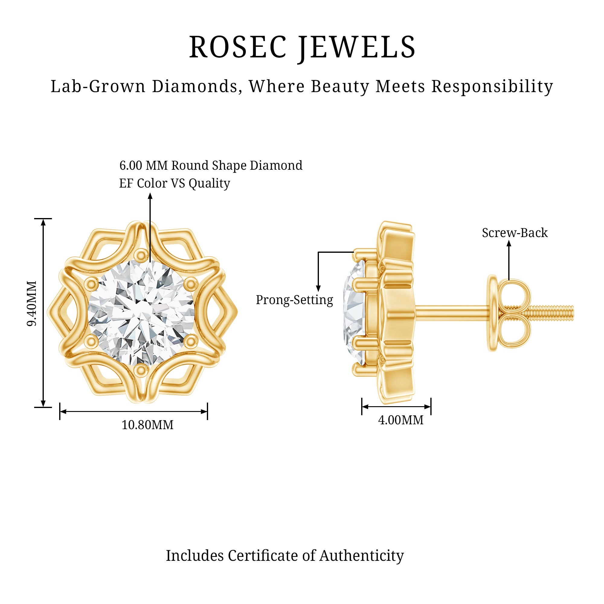 Lab Grown Diamond 1 Carat Stud Earrings With Screw Back Lab - ( EF-VS ) - Rosec Jewels