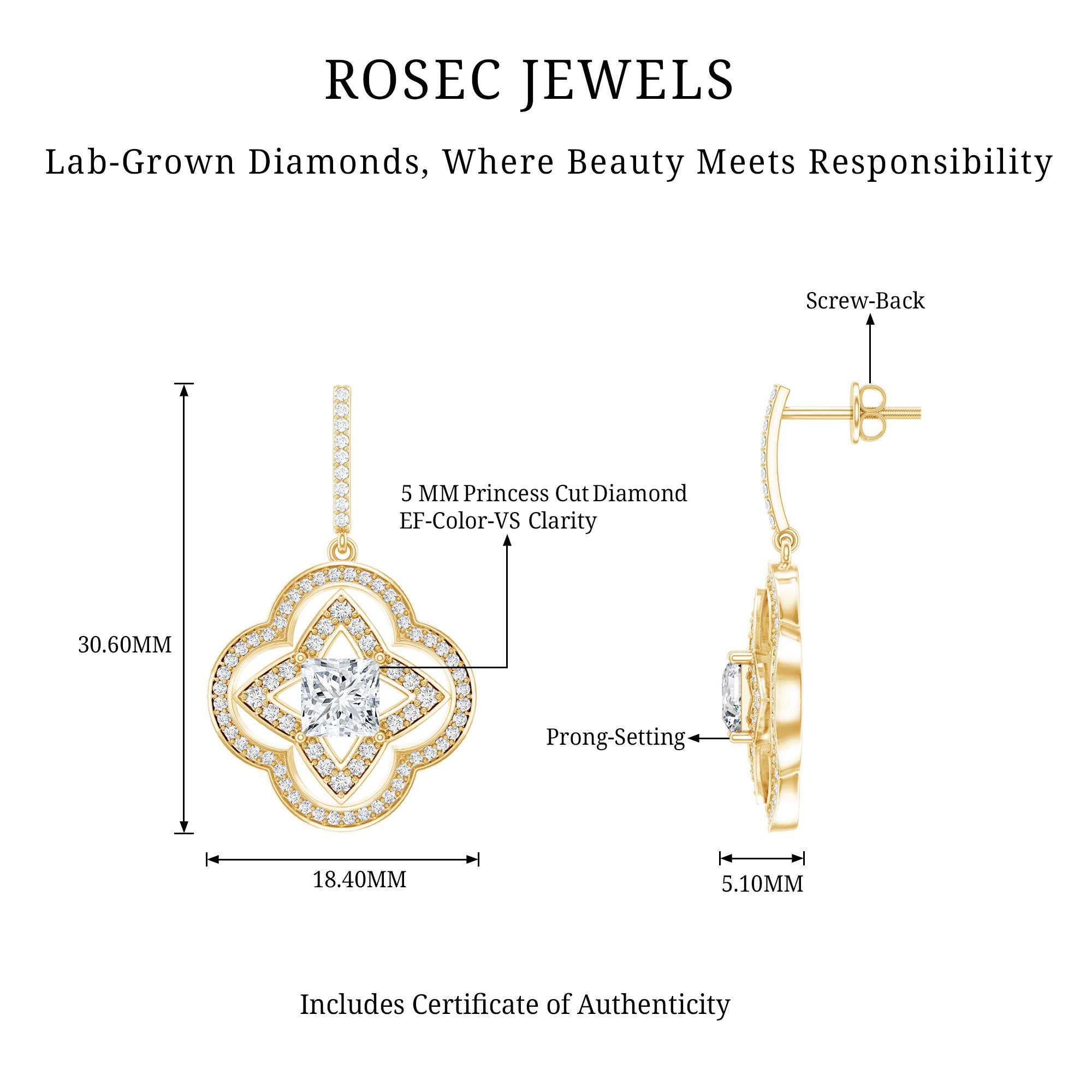 Certified Lab Grown Diamond Floral Drop Earrings Lab - ( EF-VS ) - Rosec Jewels