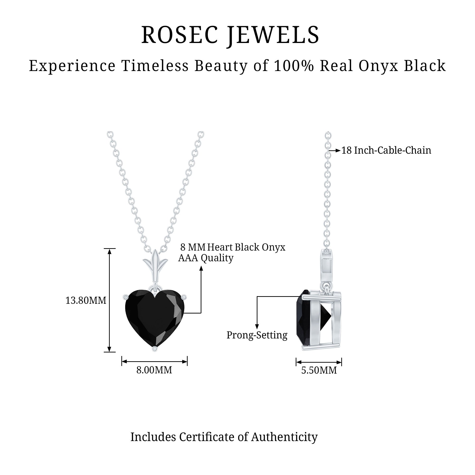 2 CT Heart Shape Black Onyx Solitaire Pendant AAA - Rosec Jewels