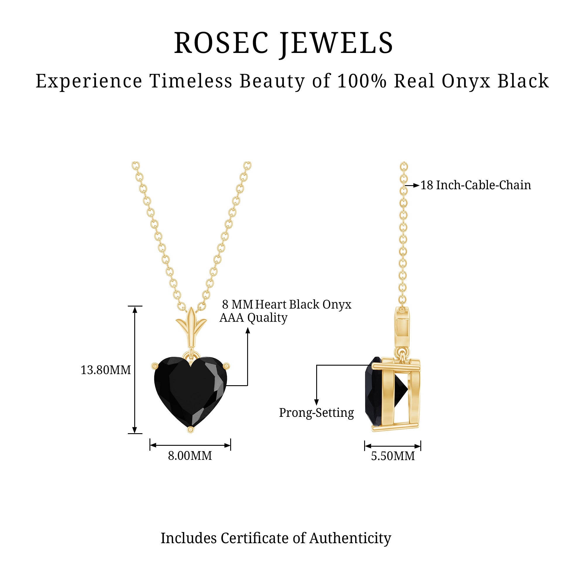 2 CT Heart Shape Black Onyx Solitaire Pendant AAA - Rosec Jewels