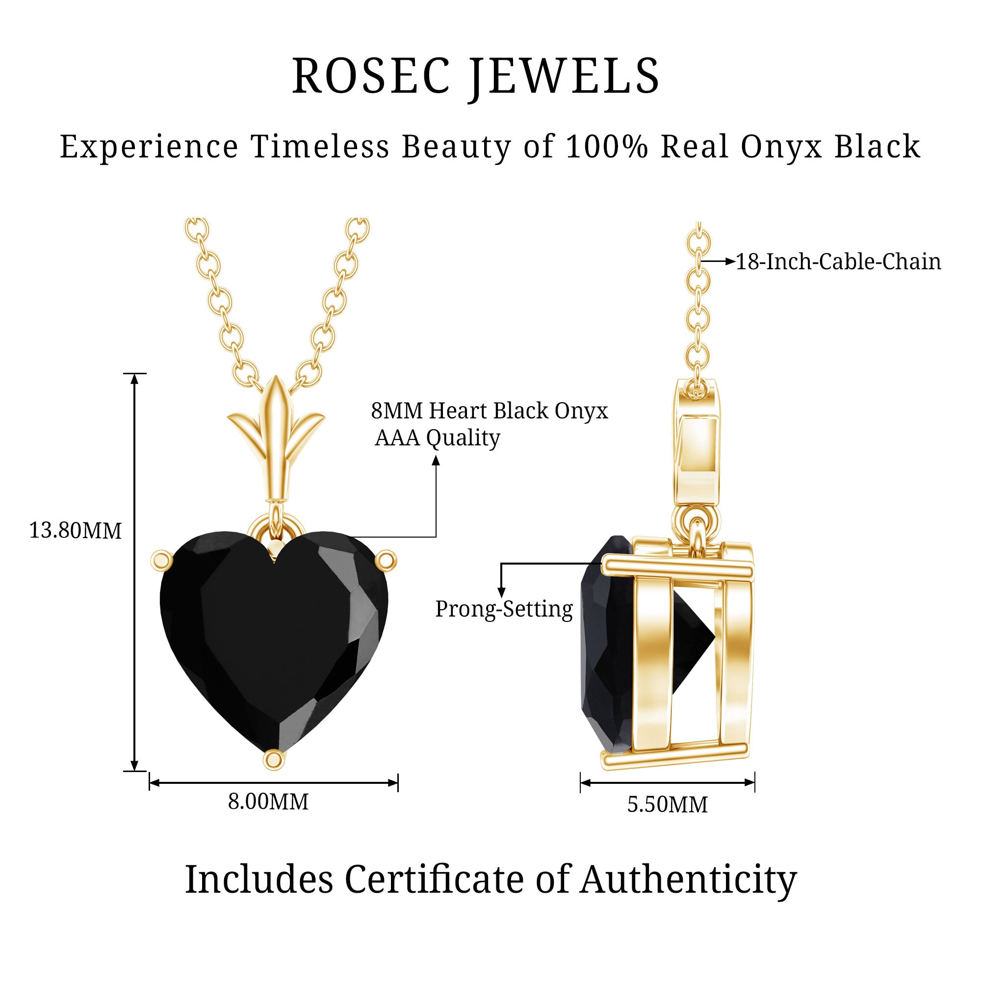 2 CT Heart Shape Black Onyx Solitaire Pendant AAA - Rosec Jewels