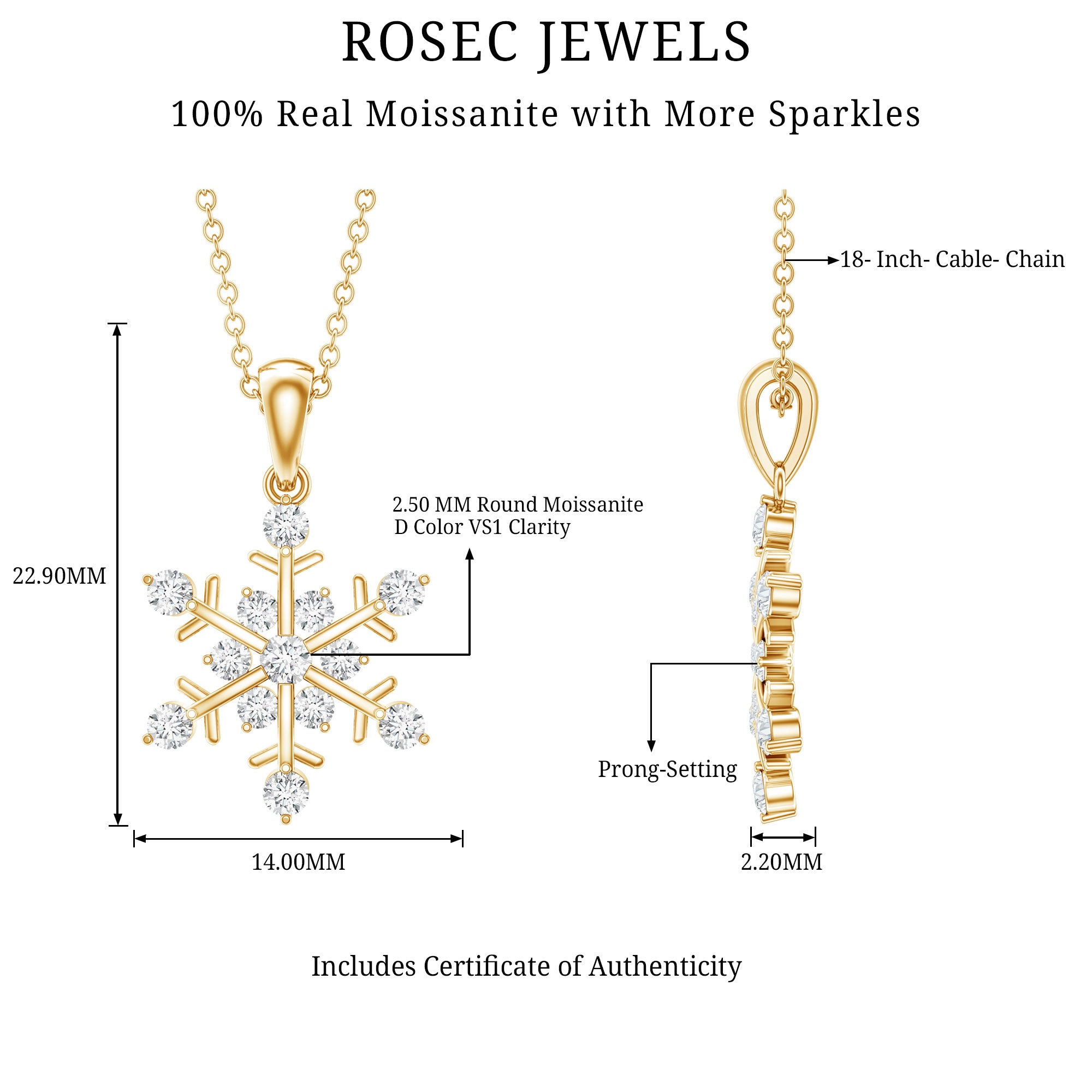Certified Moissanite Snowflake Necklace Pendant for Women D-VS1 - Rosec Jewels