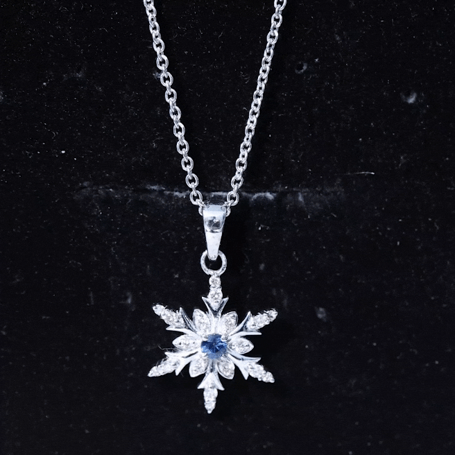 Contemporary Blue Sapphire and Diamond Snowflake Pendant Necklace AAA - Rosec Jewels