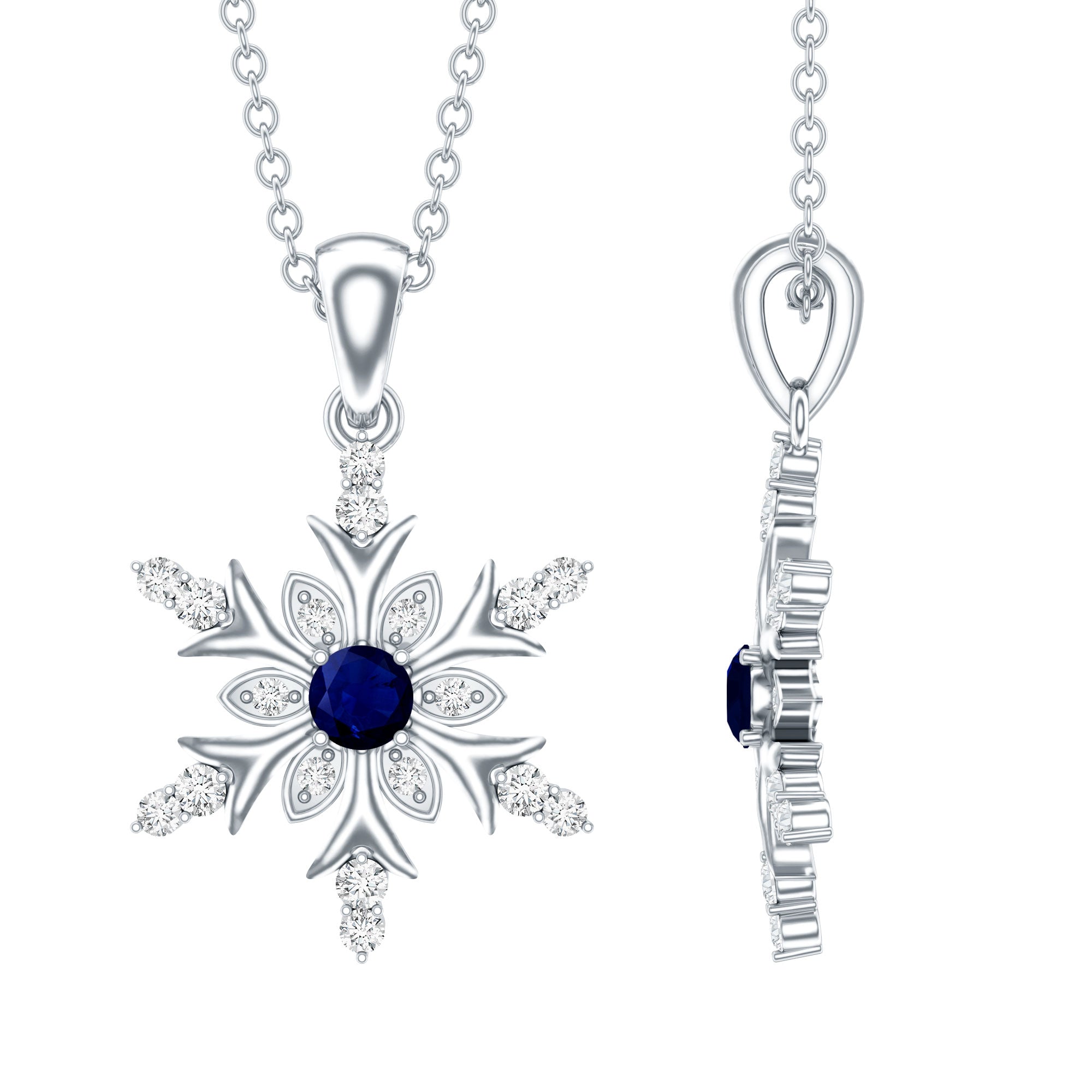 Contemporary Blue Sapphire and Diamond Snowflake Pendant Necklace AAA - Rosec Jewels