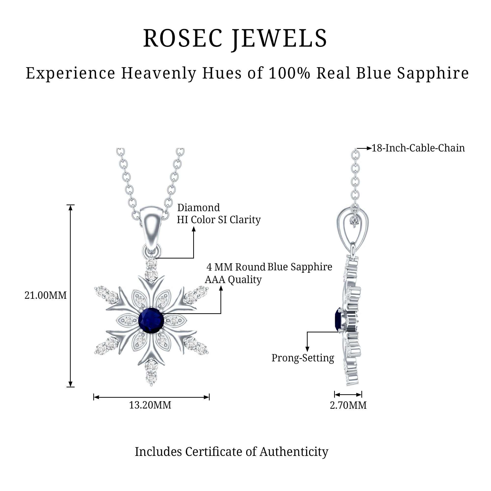 Contemporary Blue Sapphire and Diamond Snowflake Pendant Necklace AAA - Rosec Jewels