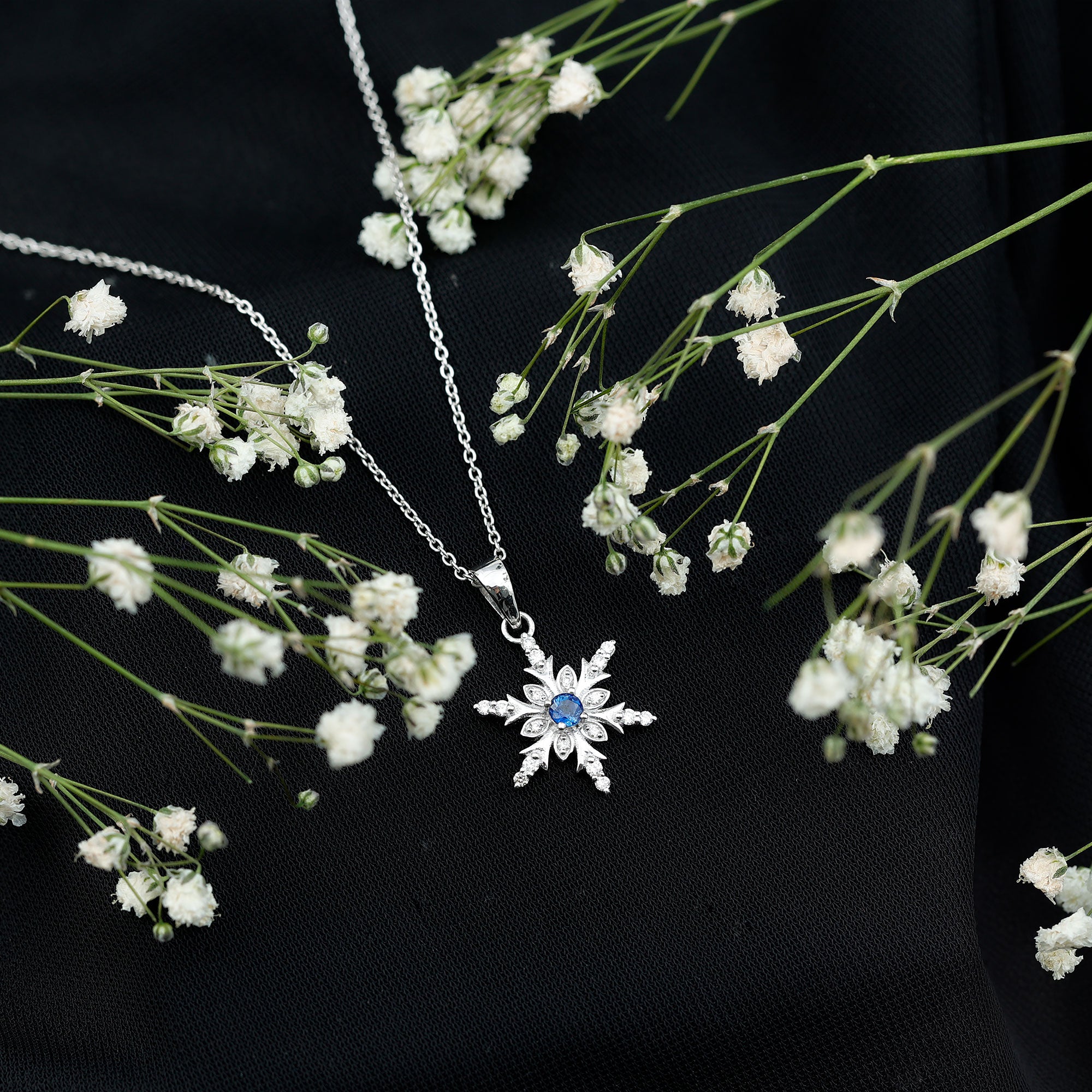 Contemporary Blue Sapphire and Diamond Snowflake Pendant Necklace AAA - Rosec Jewels