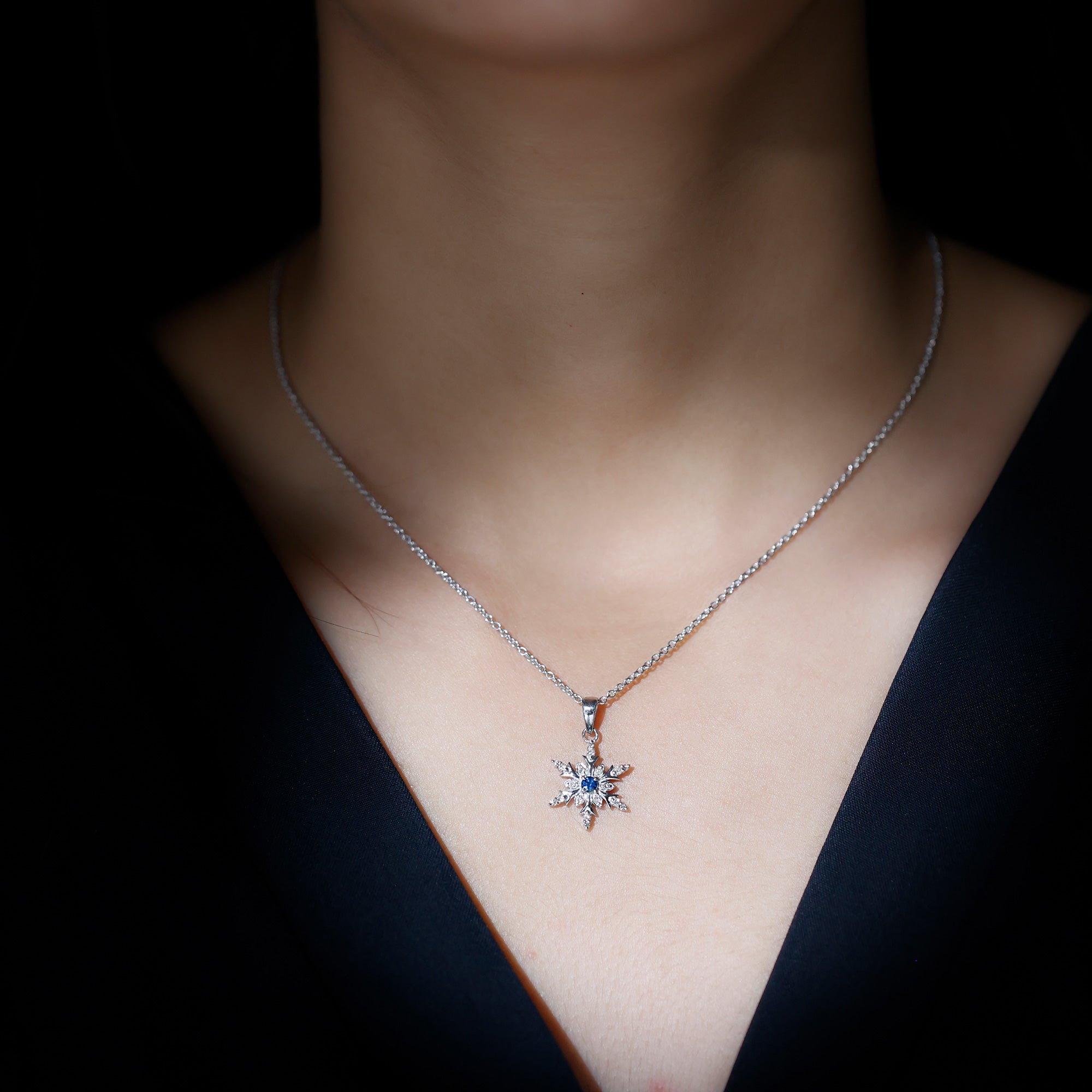 Contemporary Blue Sapphire and Diamond Snowflake Pendant Necklace AAA - Rosec Jewels