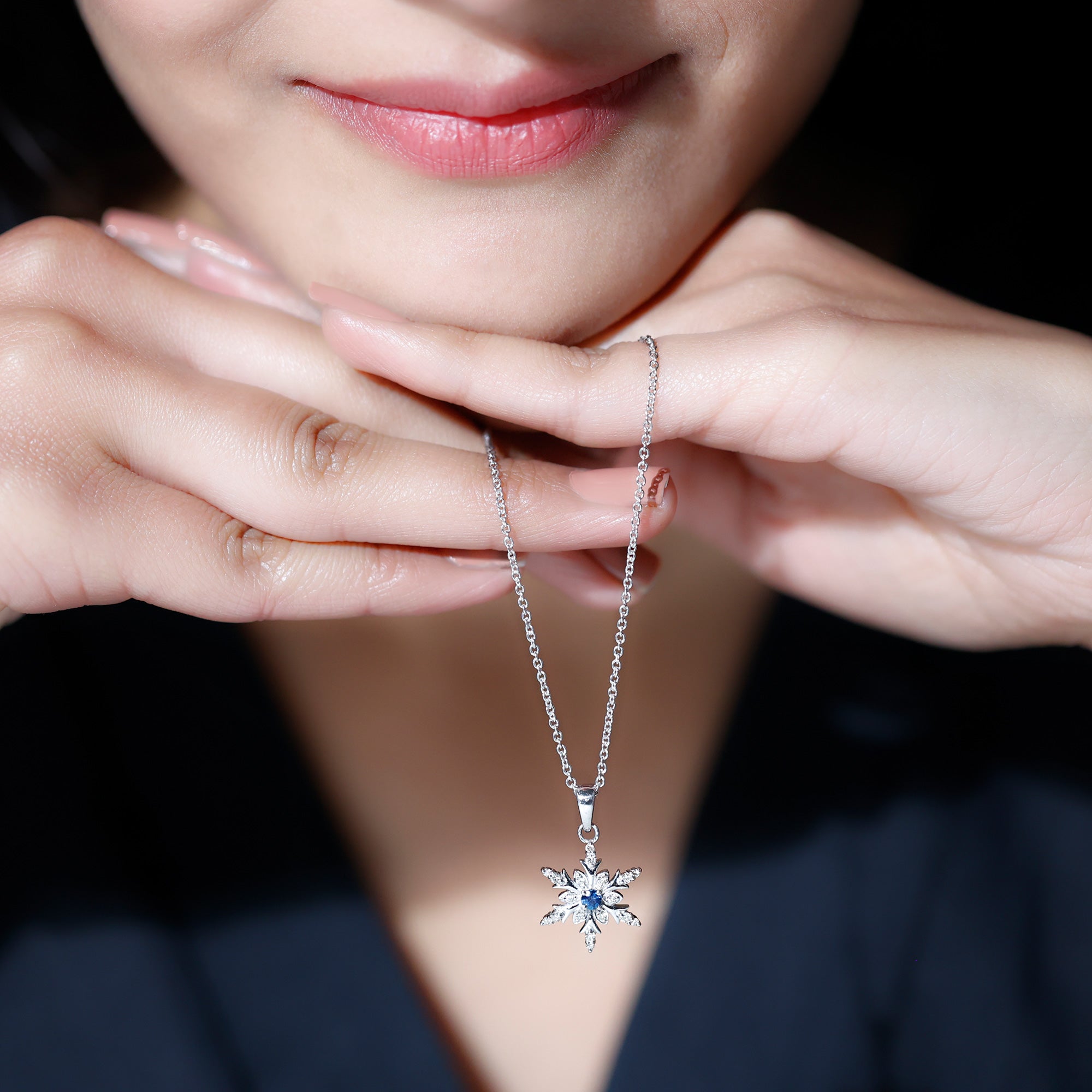 Contemporary Blue Sapphire and Diamond Snowflake Pendant Necklace AAA - Rosec Jewels