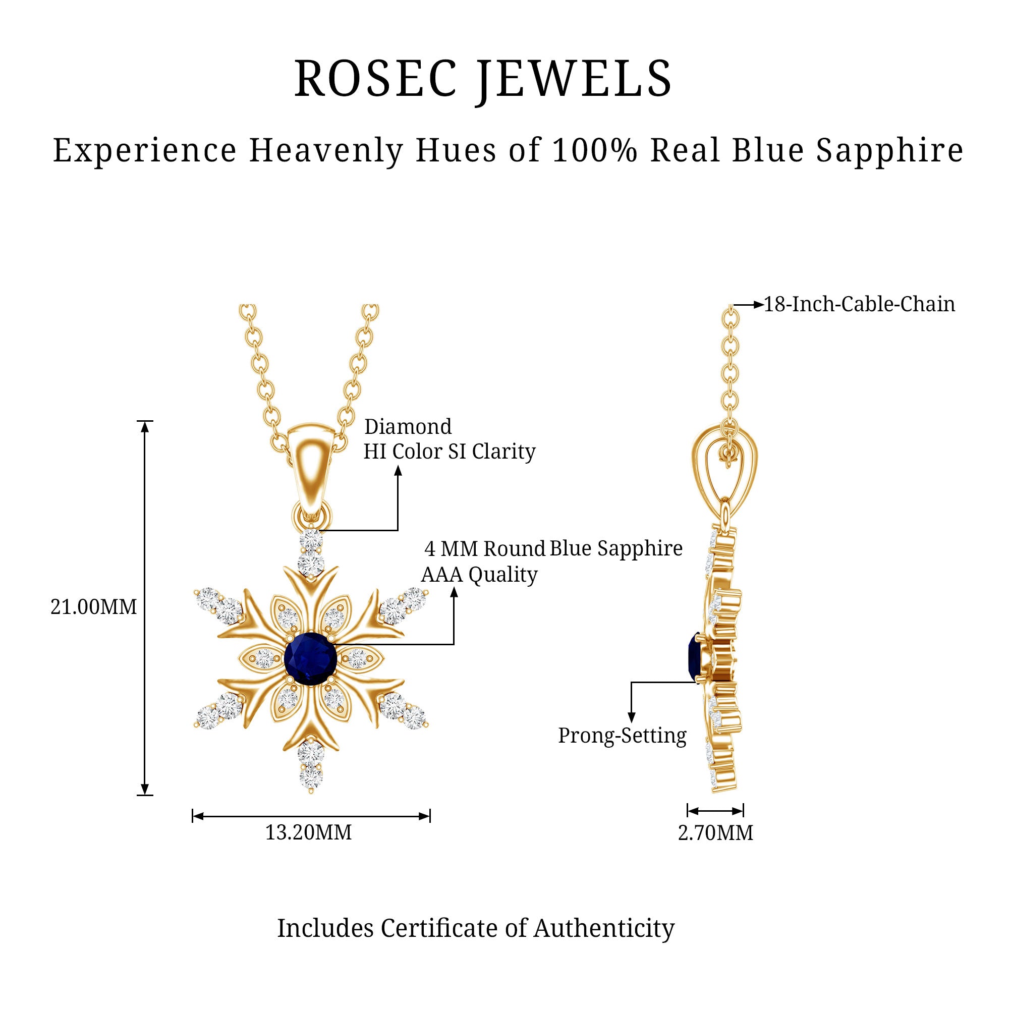 Contemporary Blue Sapphire and Diamond Snowflake Pendant Necklace AAA - Rosec Jewels
