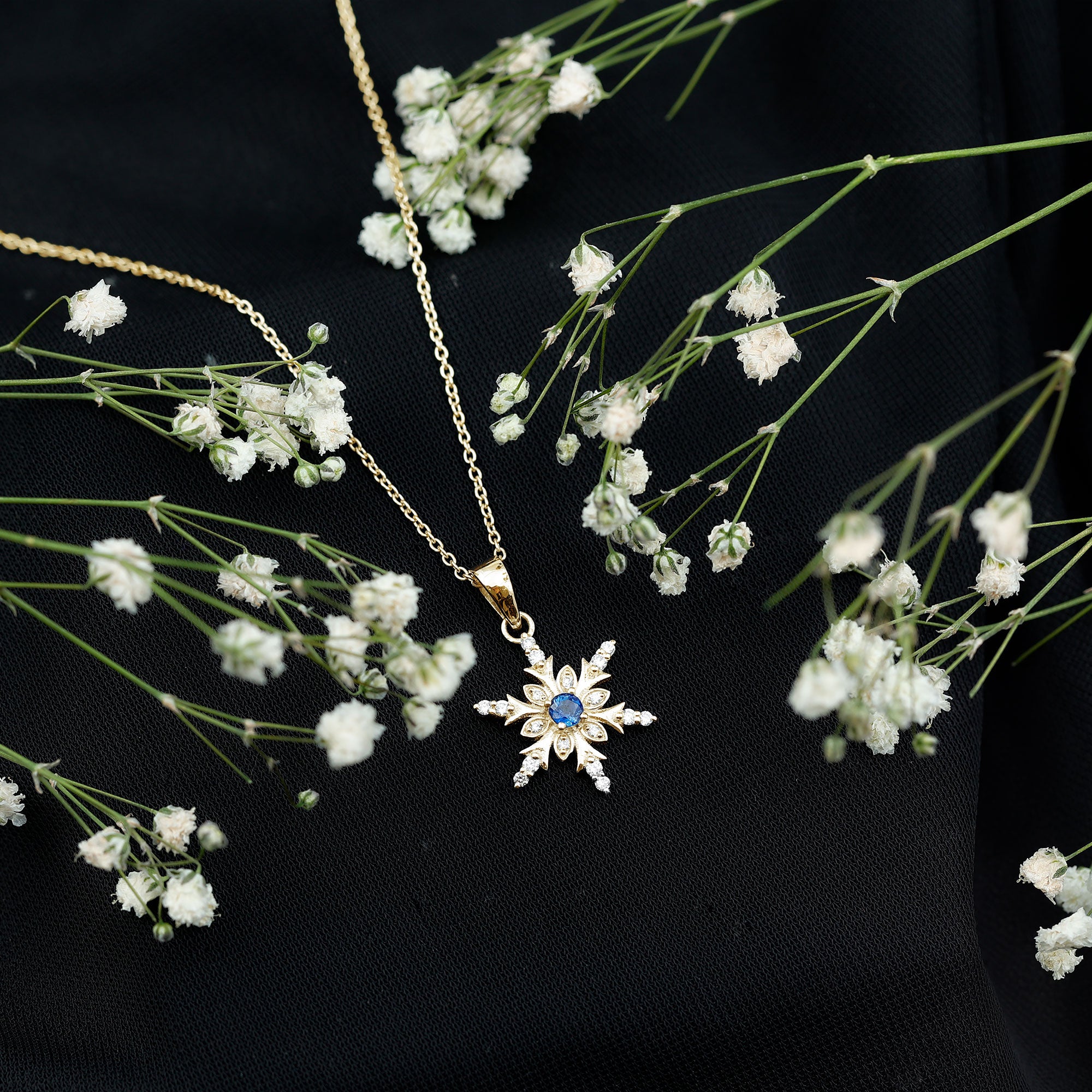 Contemporary Blue Sapphire and Diamond Snowflake Pendant Necklace AAA - Rosec Jewels