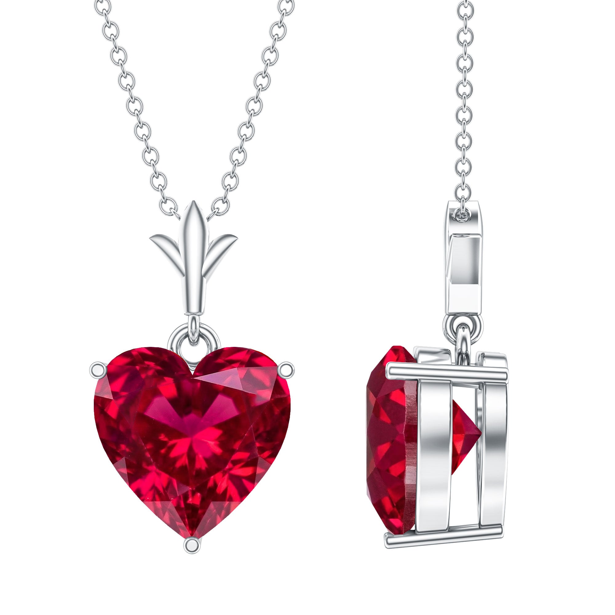 10 MM Lab Grown Ruby Solitaire Heart Necklace AAAA - Rosec Jewels