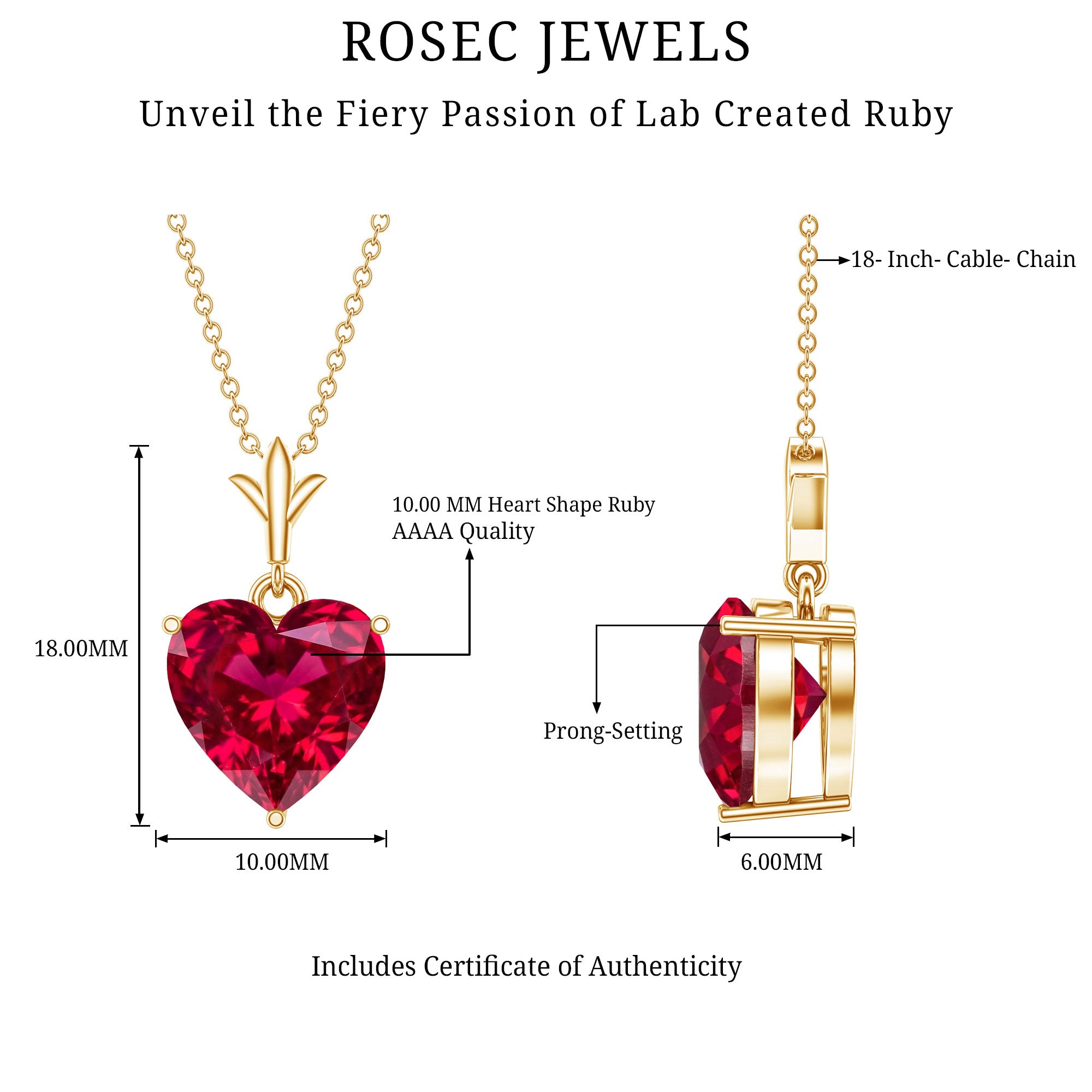 10 MM Lab Grown Ruby Solitaire Heart Necklace AAAA - Rosec Jewels