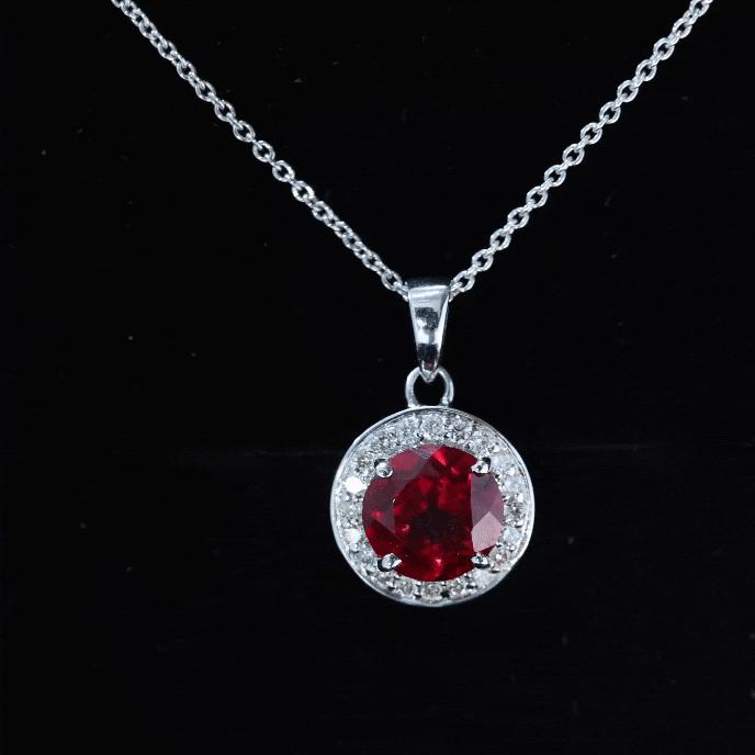 2.3 Carat Round Lab Grown Ruby and Diamond Halo Necklace AAAA - Rosec Jewels