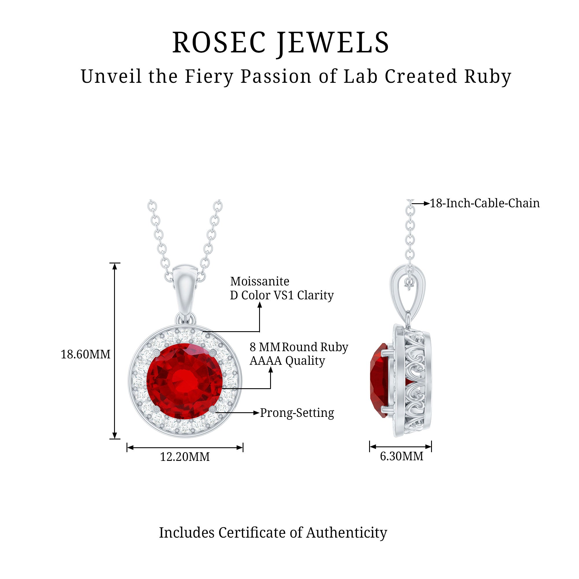 2.3 Carat Round Lab Grown Ruby and Diamond Halo Necklace AAAA - Rosec Jewels