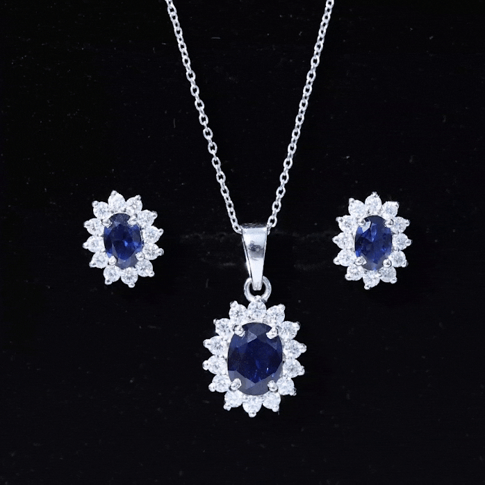 Classic Oval Cut Created Blue Sapphire and Moissanite Halo Jewelry Set AAAA - Rosec Jewels