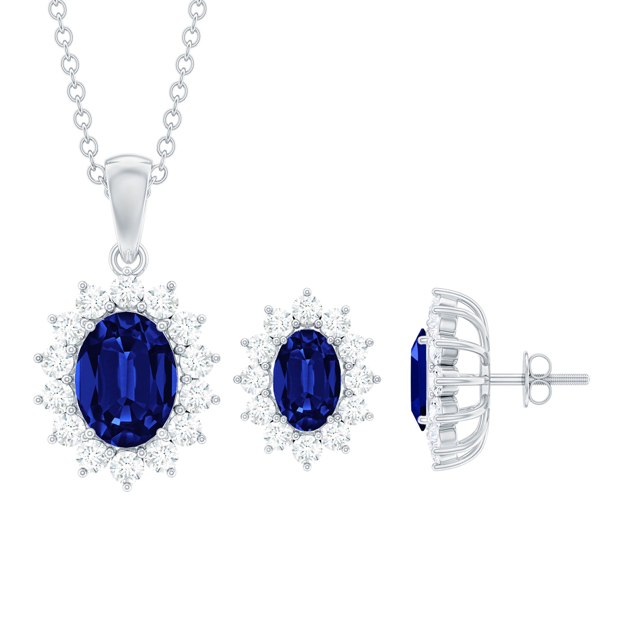 Classic Oval Cut Created Blue Sapphire and Moissanite Halo Jewelry Set