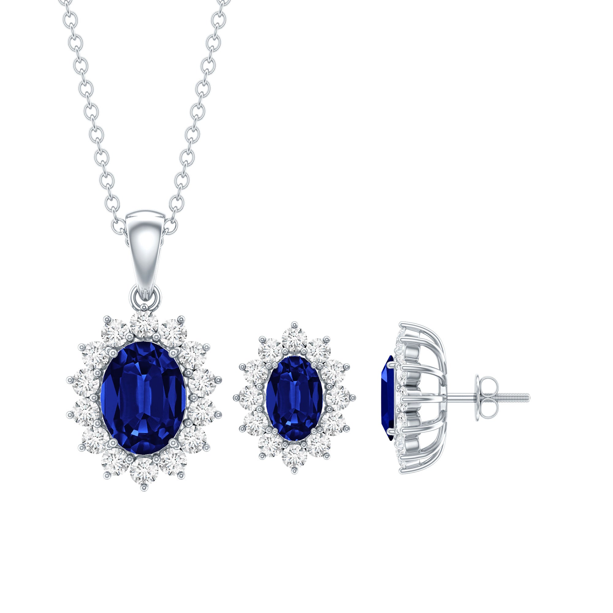 Classic Oval Cut Created Blue Sapphire and Moissanite Halo Jewelry Set