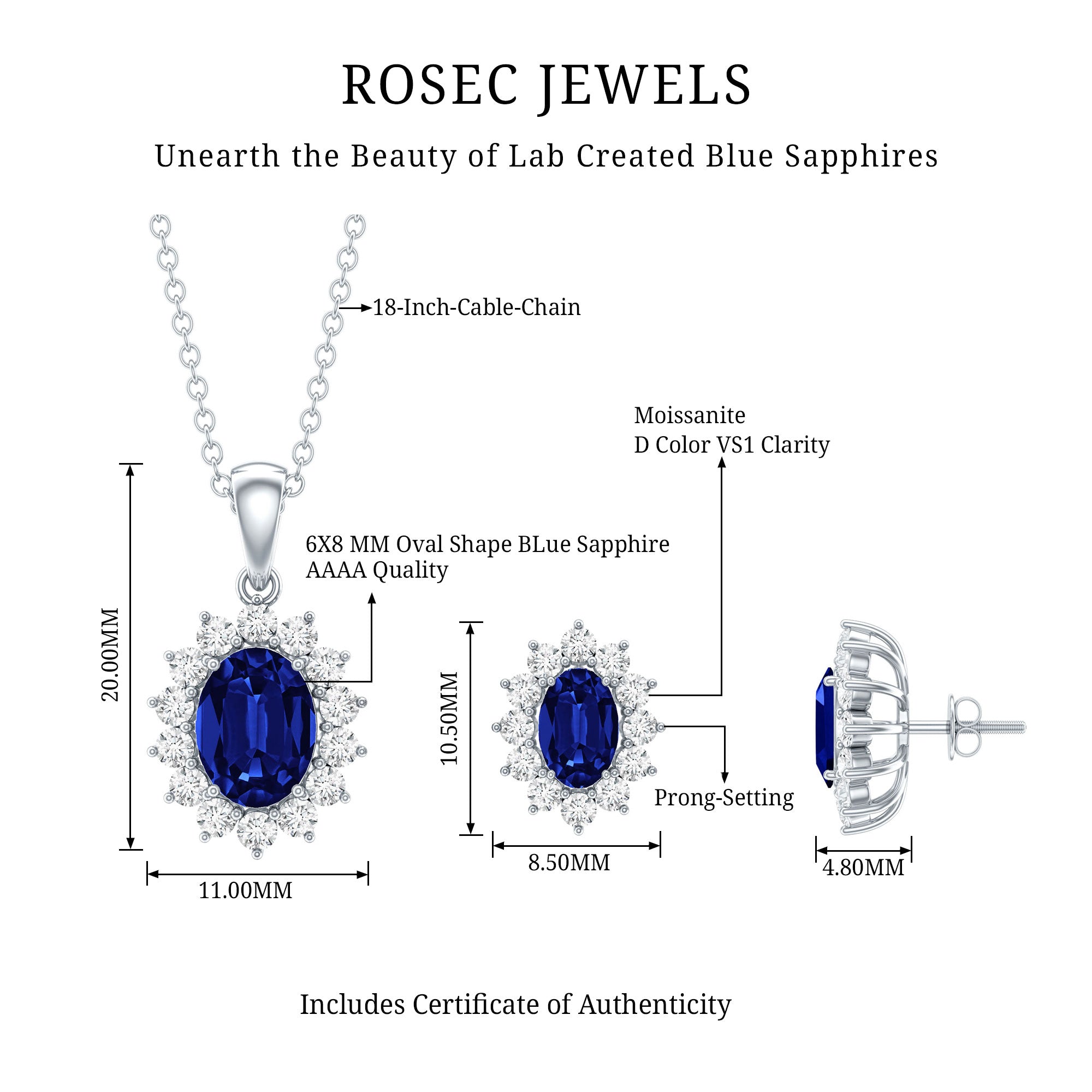 Classic Oval Cut Created Blue Sapphire and Moissanite Halo Jewelry Set AAAA - Rosec Jewels