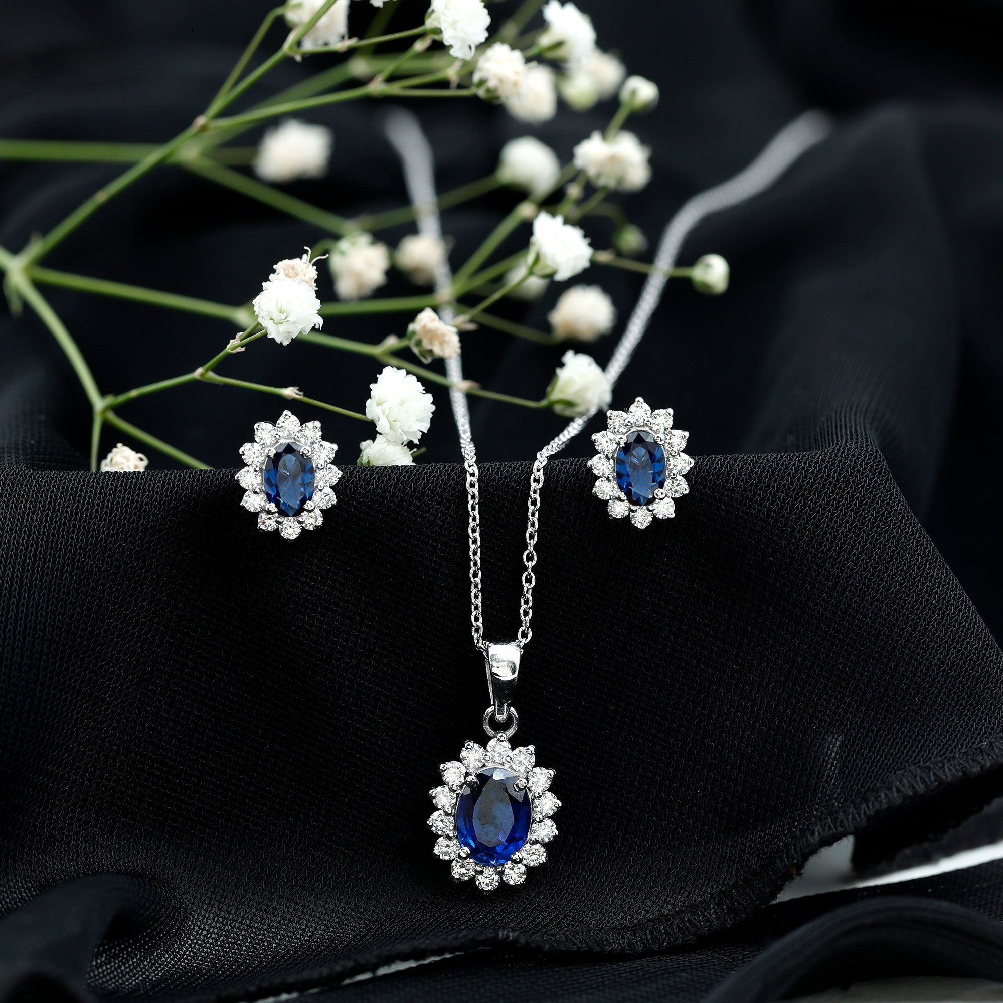 Classic Oval Cut Created Blue Sapphire and Moissanite Halo Jewelry Set AAAA - Rosec Jewels