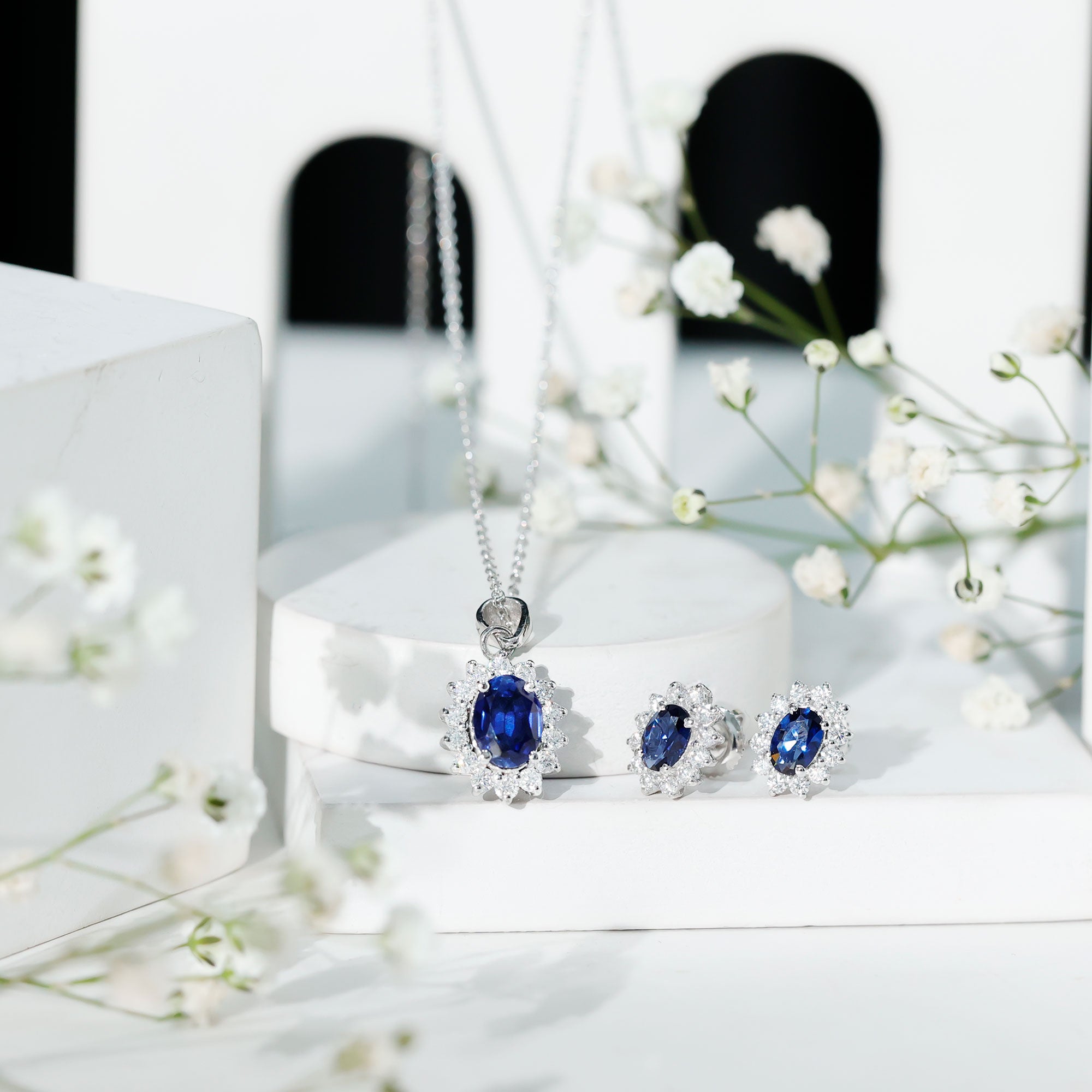 Classic Oval Cut Created Blue Sapphire and Moissanite Halo Jewelry Set AAAA - Rosec Jewels