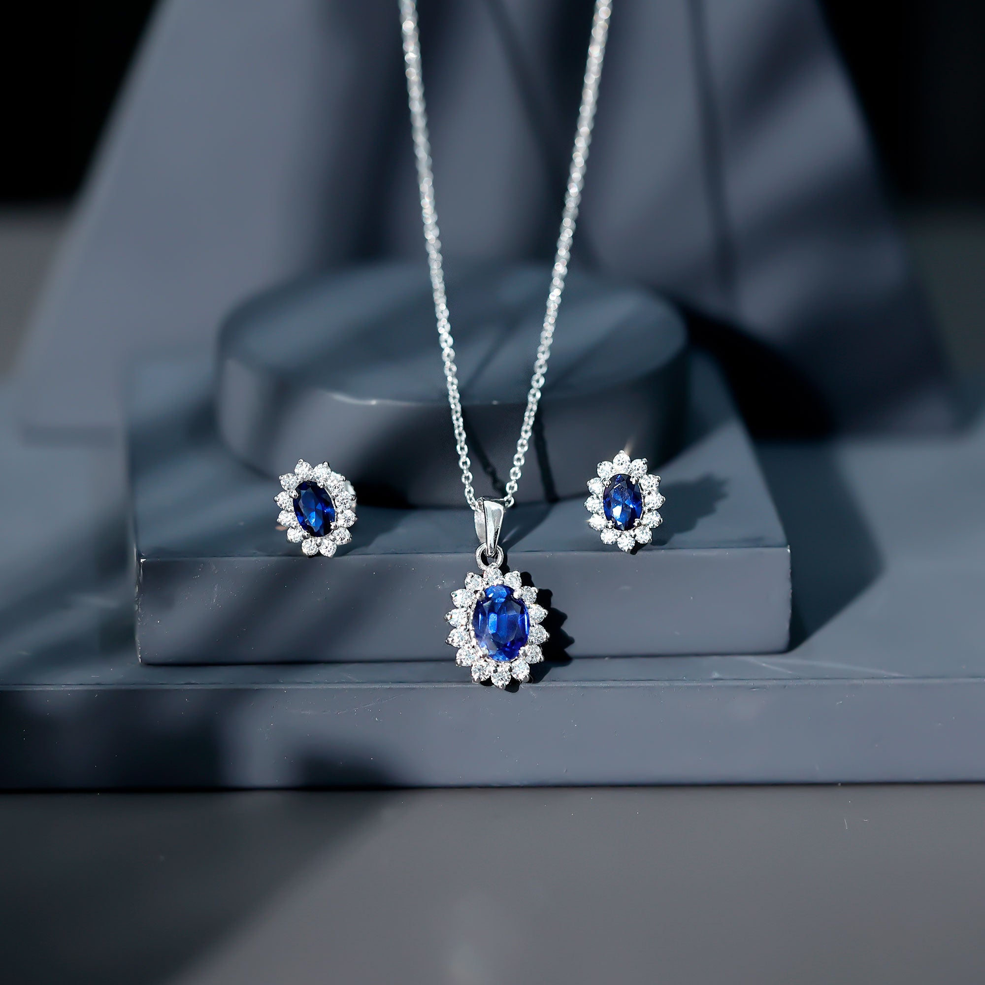 Classic Oval Cut Created Blue Sapphire and Moissanite Halo Jewelry Set AAAA - Rosec Jewels